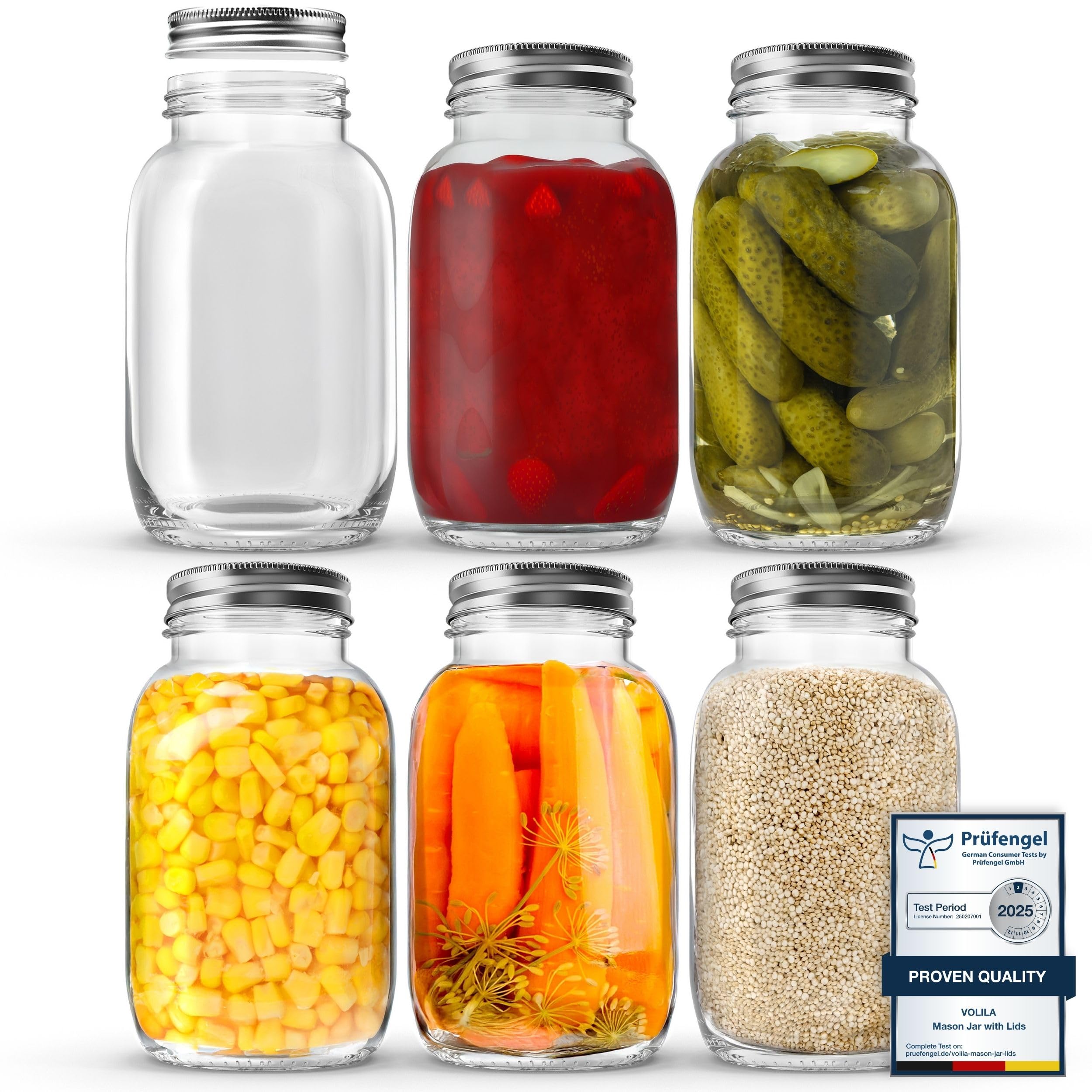 Volila Clear Mason Jars With Lids - 1 Litre Leakproof Glass Jars With Lids, Labels, Pen And Sponge - 6 Pack Large Mason Jar For Preserving, Salad, Overnight Oats, And Pickling