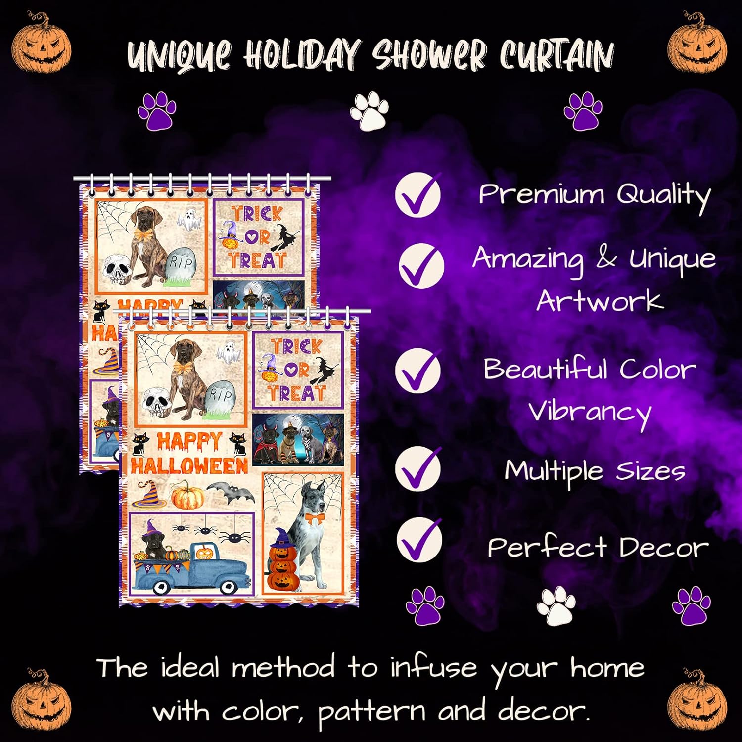 Happy Halloween Trick or Treat Great Dane Dogs Shower Curtain - Waterproof Polyester One-Side Printing Pet Bathtub Curtain Decor Curtain for Bathroom with Hooks, 36"x72"