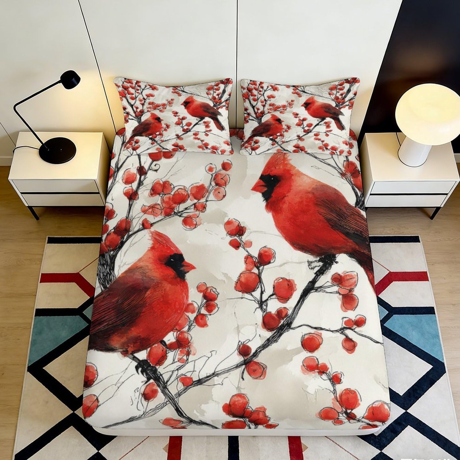 3D Printed Red Cardinal Bird Fitted Sheet Microfiber Soft Vibrant Berry Branch Mattress Cover for Bedroom Decor 120x200x25cm