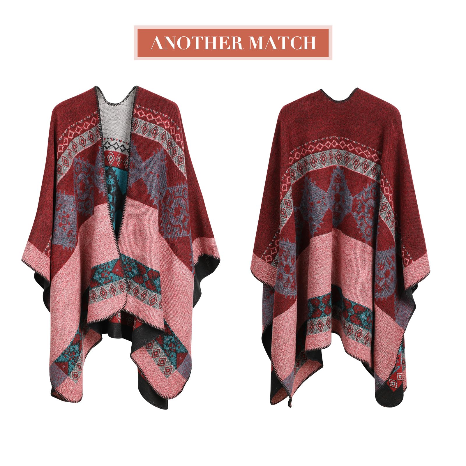 Femme Poncho Châle Ouvert Cape Imprimé Wrap Manteau Echarpe Epaisse Poncho Rétro Cardigan Foulard Automne Hiver