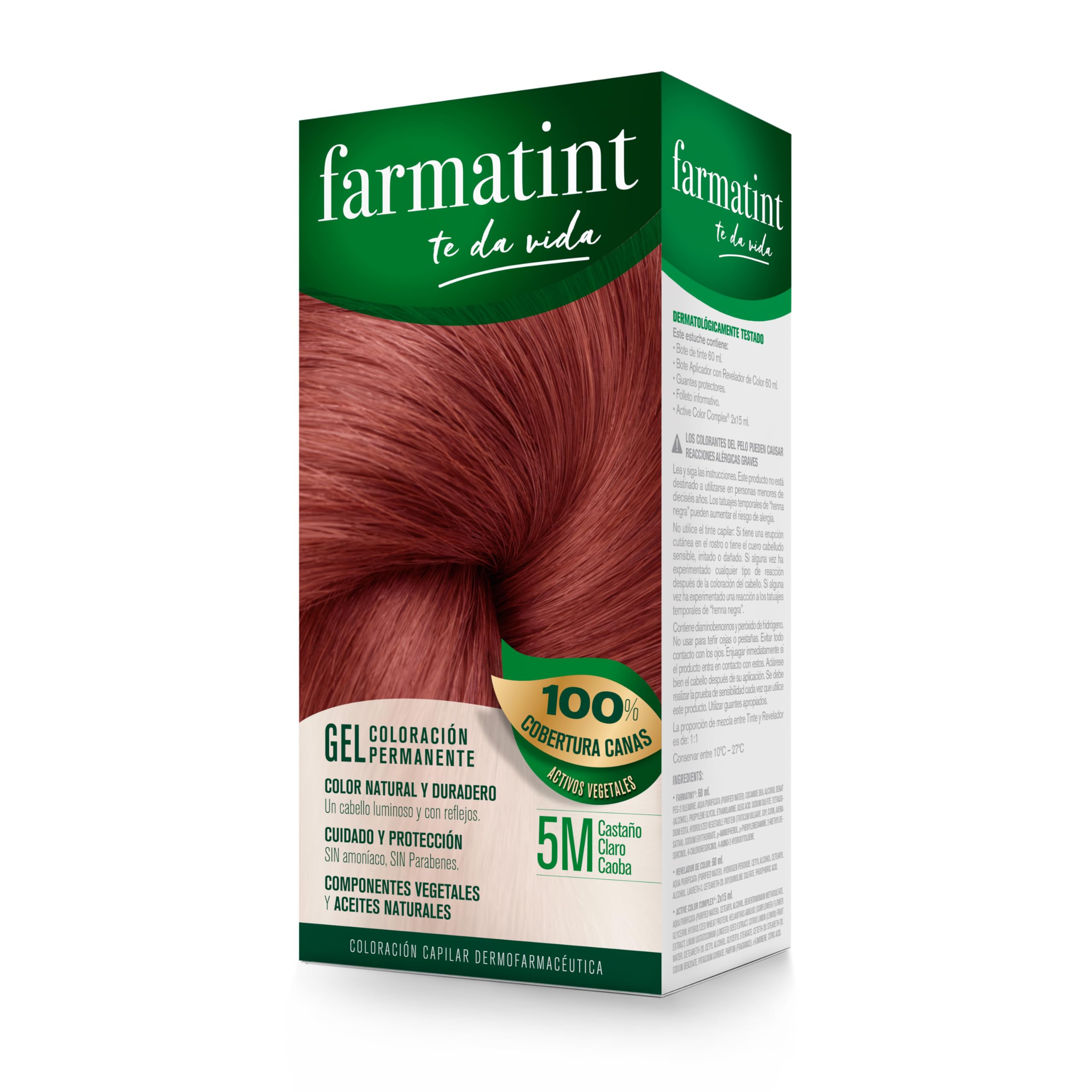 Farmatint Gel | Color Natural Y Duradero | Componentes Vegetales Y Aceites Naturales | Sin Amoníaco | Sin Parabenos | Dermatológicamente Testado, 5M Castaño Claro Caoba, 135ml