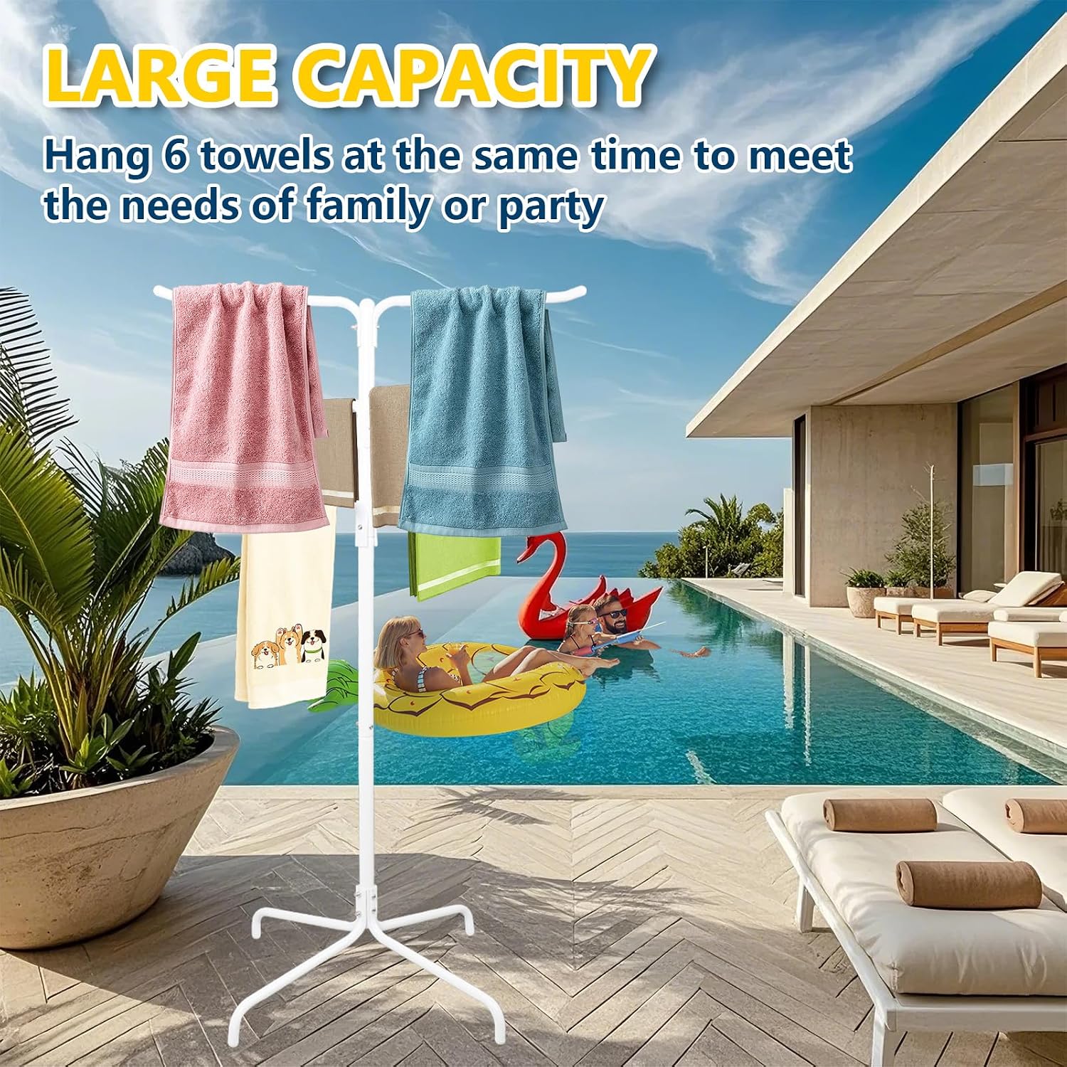 Pool Towel Rack Outdoor, 6 Bars Column Floor Standing Towel Rack, Adjustable Pool Patio Towel Holder with Weighted Base(White