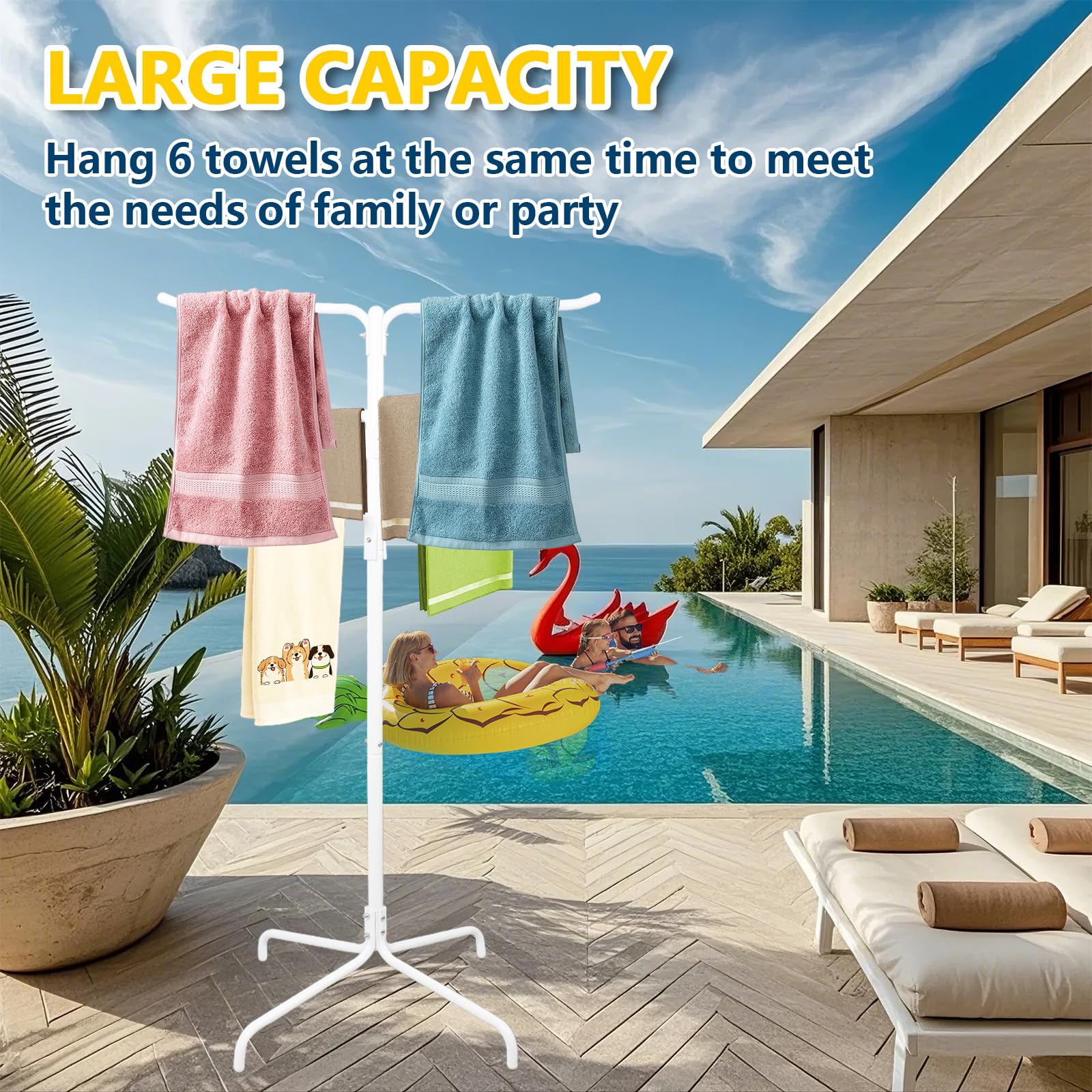 Toallero de piscina al aire libre, 6 barras de columna, toallero de pie, soporte ajustable para toallas de piscina y patio con base pesada (blanco