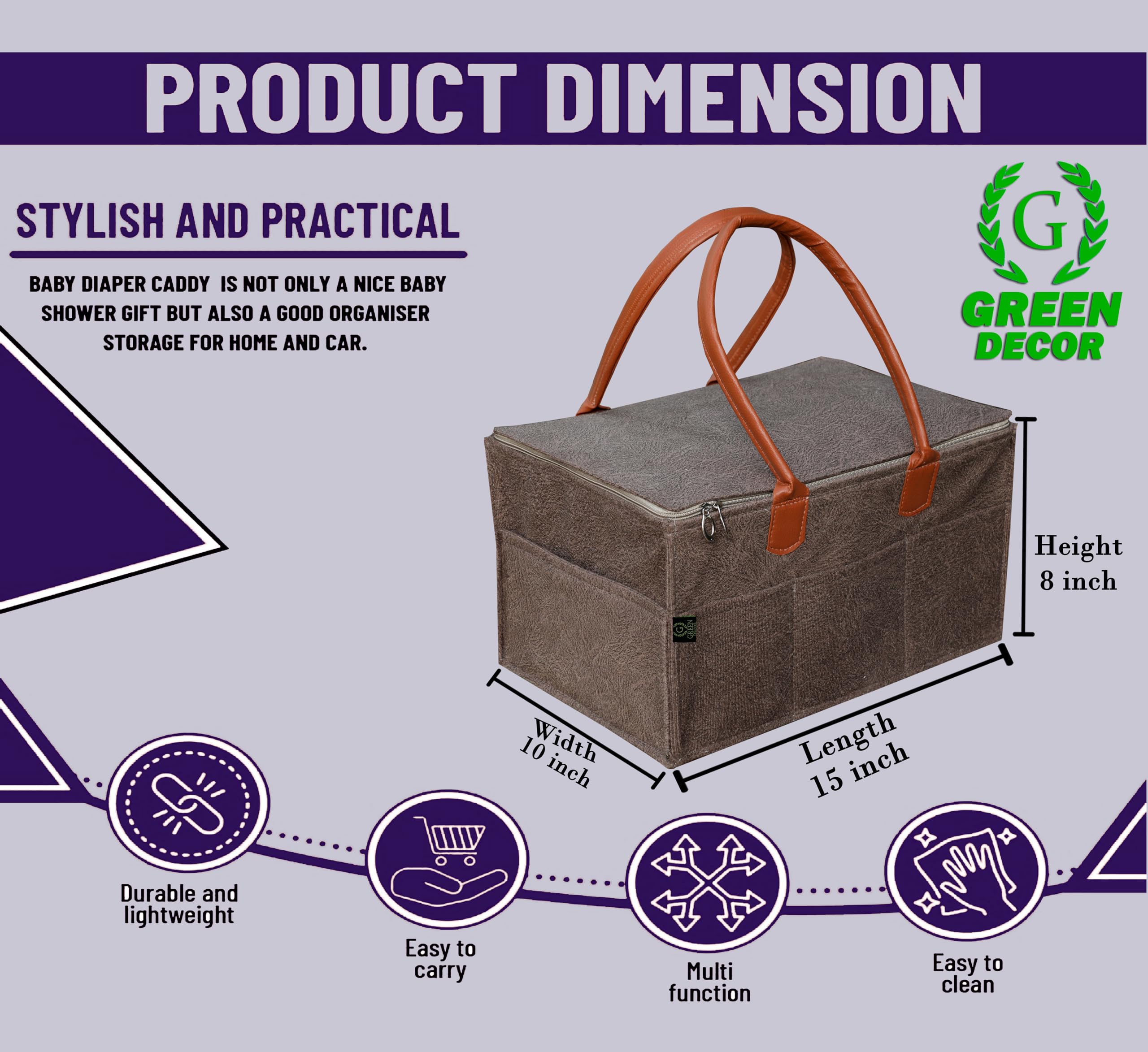 GREEN DECOR- Heavy Duty 400 GSM Non Woven Fabric Cute Diaper Caddy Bag with Handles & Zip Lock for Smart Mothers Baby Wipes Felt Storage Organizers,Foldable and Portable (Dapple Brown-15X10X8 Inch) - Image 2 thumbnail