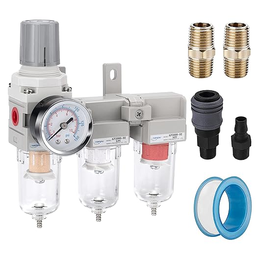 NANPU Three Stage Air Drying System - 5 Micron Particulate Filter, 0.5&0.01 Micron Coalescing Filters, Air Pressure Regulator Combo - 0-150 psi Gauge, Semi-Auto Drain, Metal Bracket (1/4" NPT)