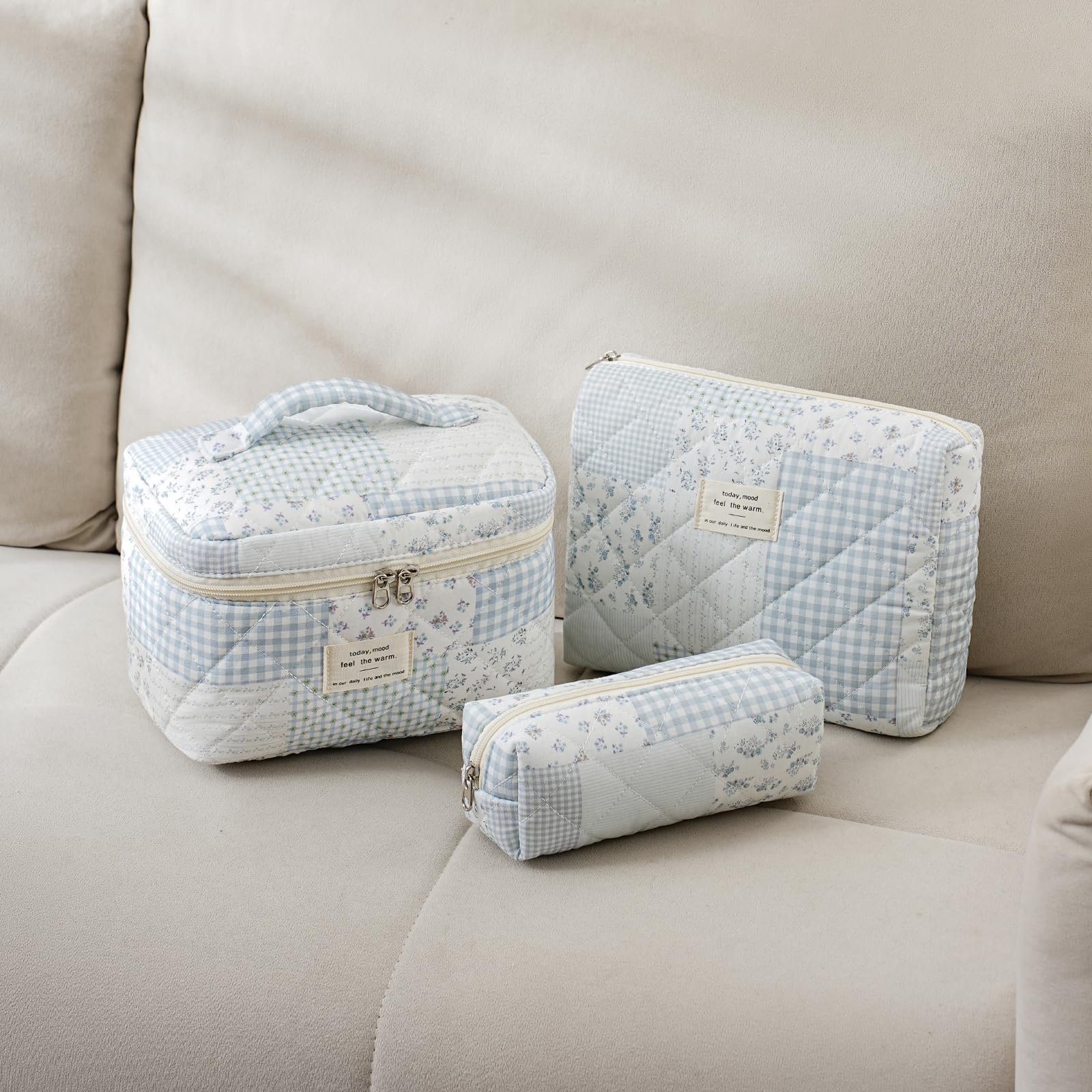 Quilted Cotton Makeup Bag Set, 3-Piece Cosmetic Organizer