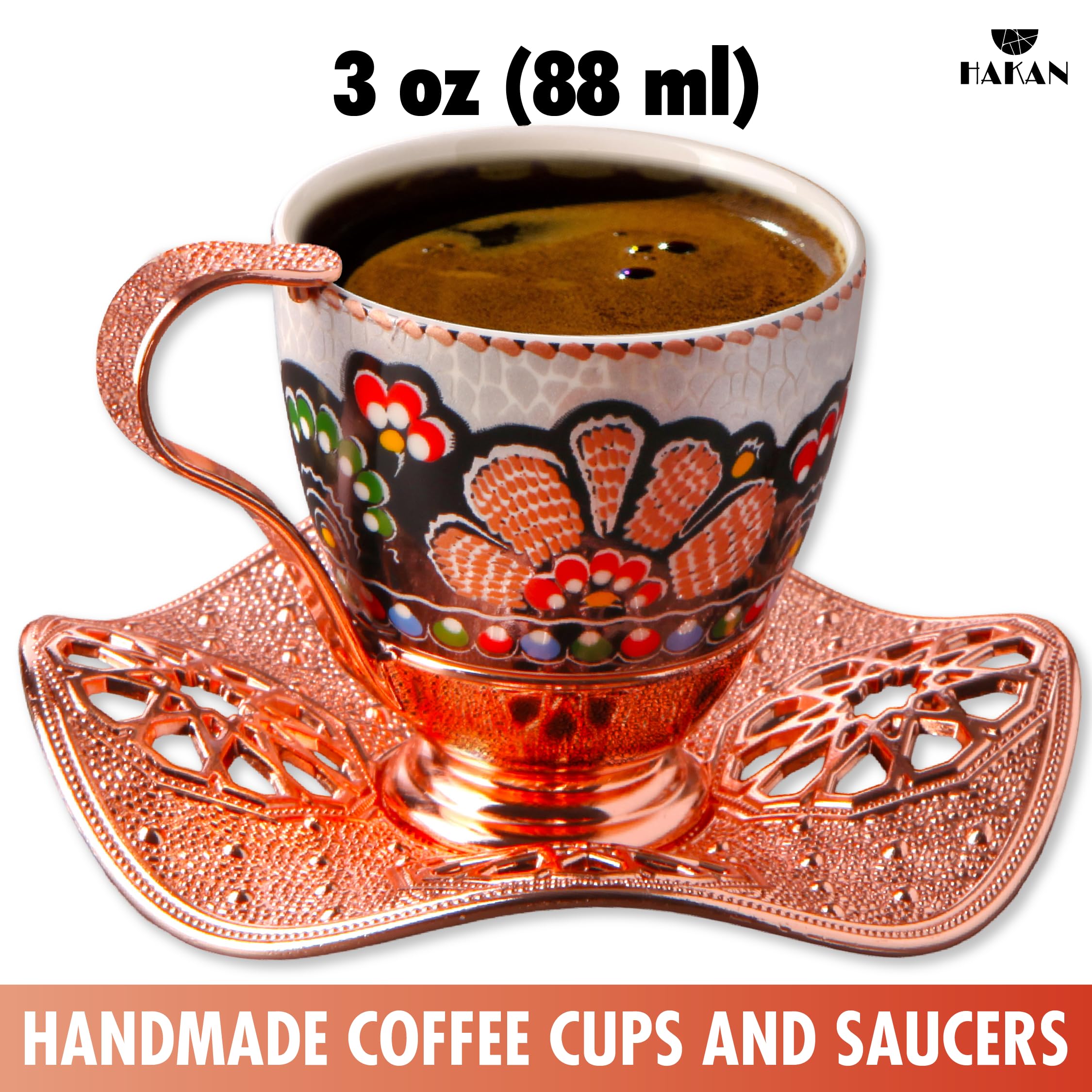 3 oz Set of 6 Turkish Coffee Cup, Handmade Wavy Design Saucers and Cup Holders | 18 Pcs Elegant Rosegold Espresso Mugs for Authentic Turkish, Greek, Arabic Coffee Experience | Juegos de Cafe Turcos