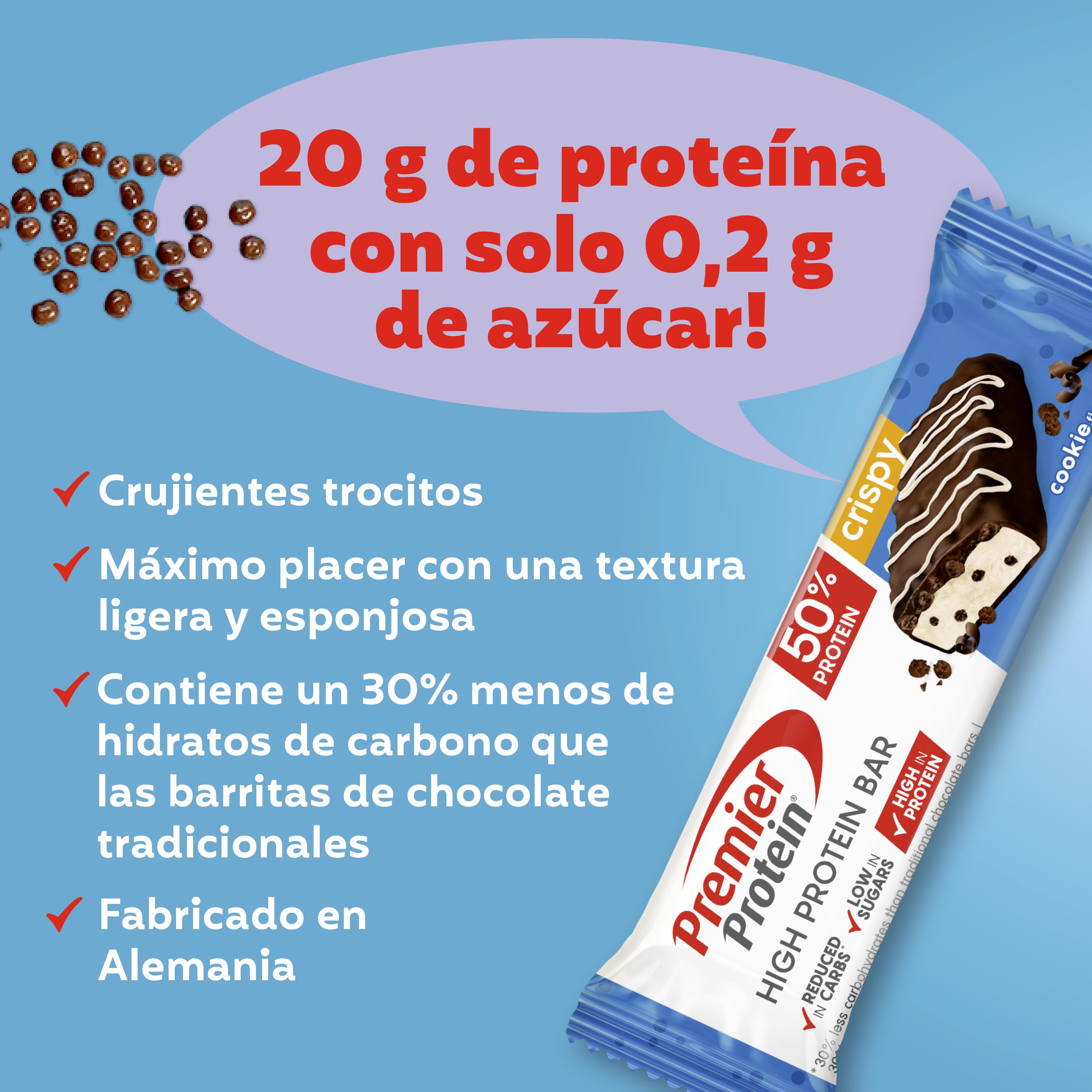 Premier Protein - High Protein Bar 50%+Crispy - Cookie - 16x40g - bajo en azúcar – baja en carbohidratos – sin aceite de palma