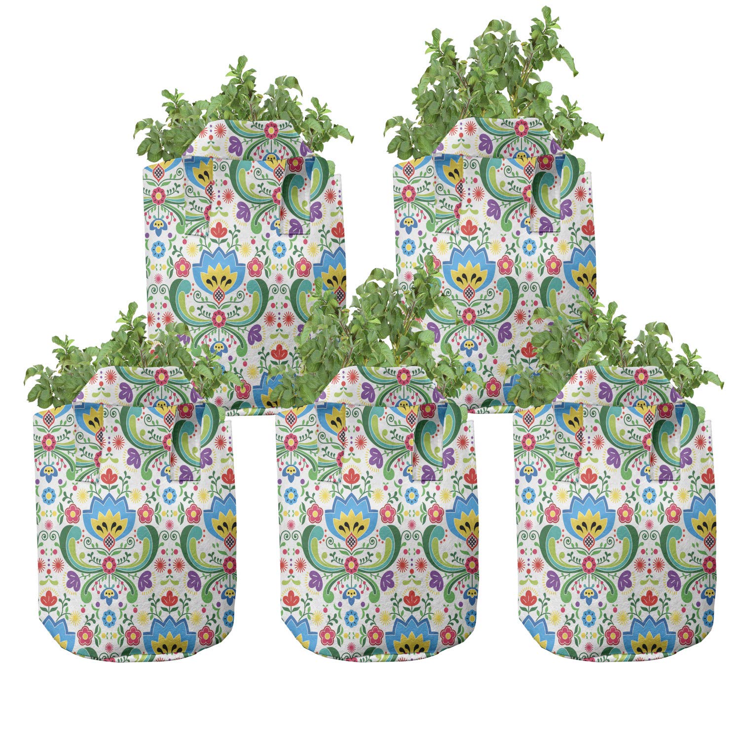 Ambesonne Norwegian Grow Bags 5-Pack, Folk Art Colorful Hues, Heavyduty Fabric Pots with Handles for Plants, Aqua Green