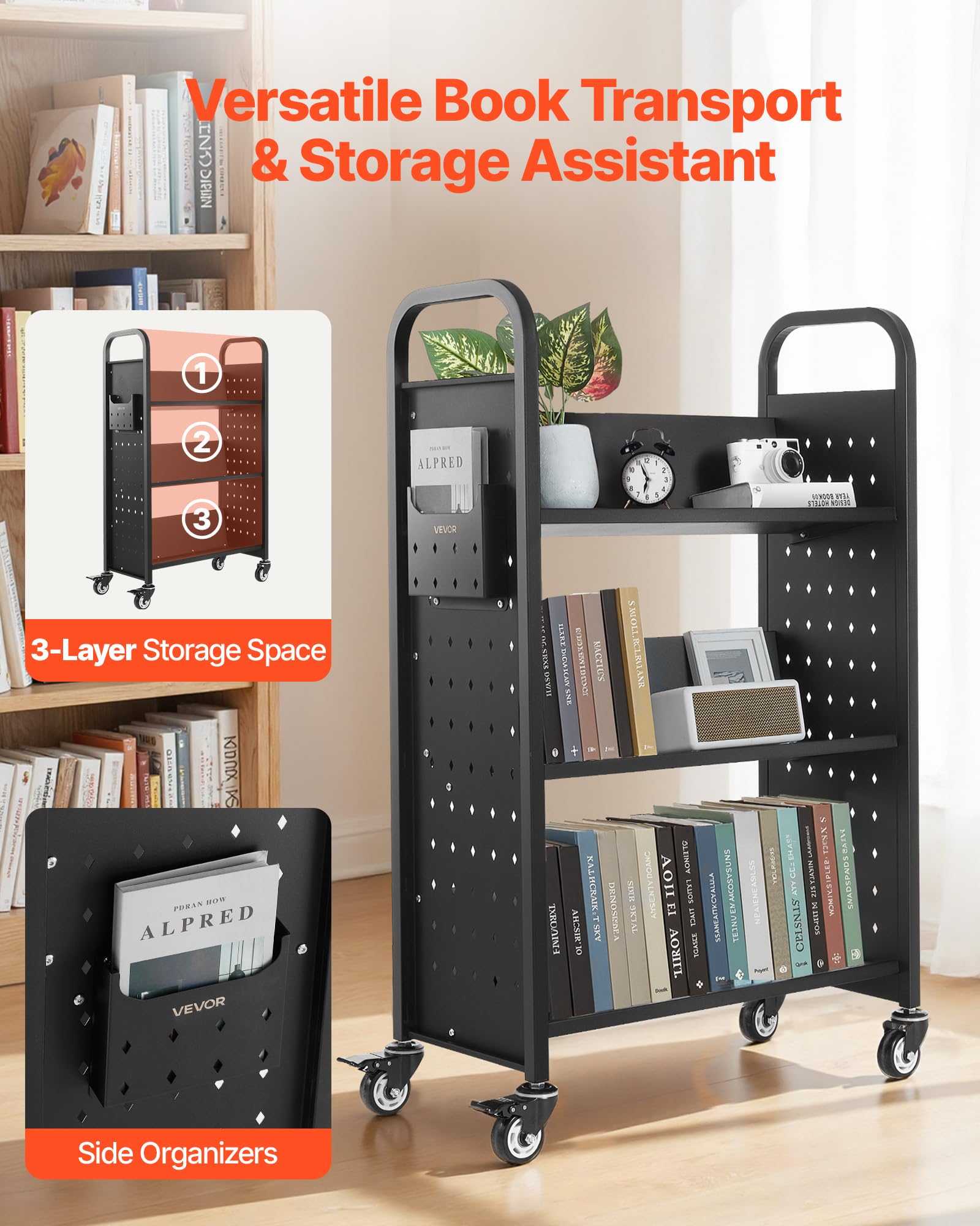 VEVOR Carro para Libros de 3 Niveles Estantería de Libros con Ruedas 77 x 38 x 122 cm Estante de Almacenamiento en Forma de V Carro Rodante para Biblioteca, Librería, Oficina, Escuela, Negro