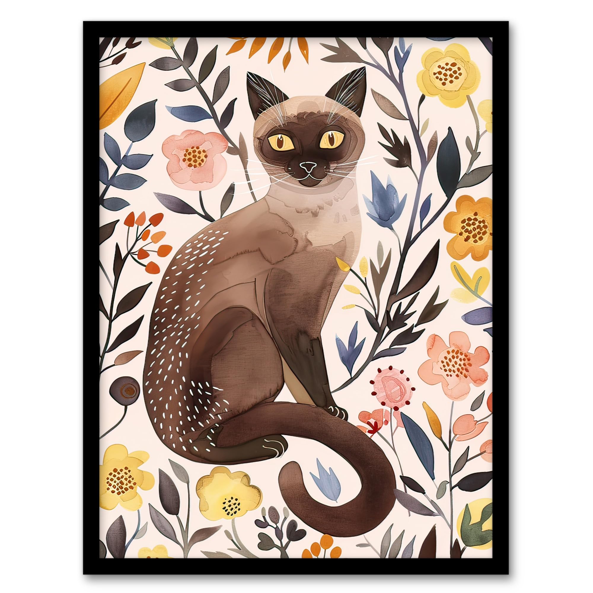 Artery8 Burmese Cat Lover Watercolour Wildflower Portrait Wall Art PrintA4 Size from B&Q