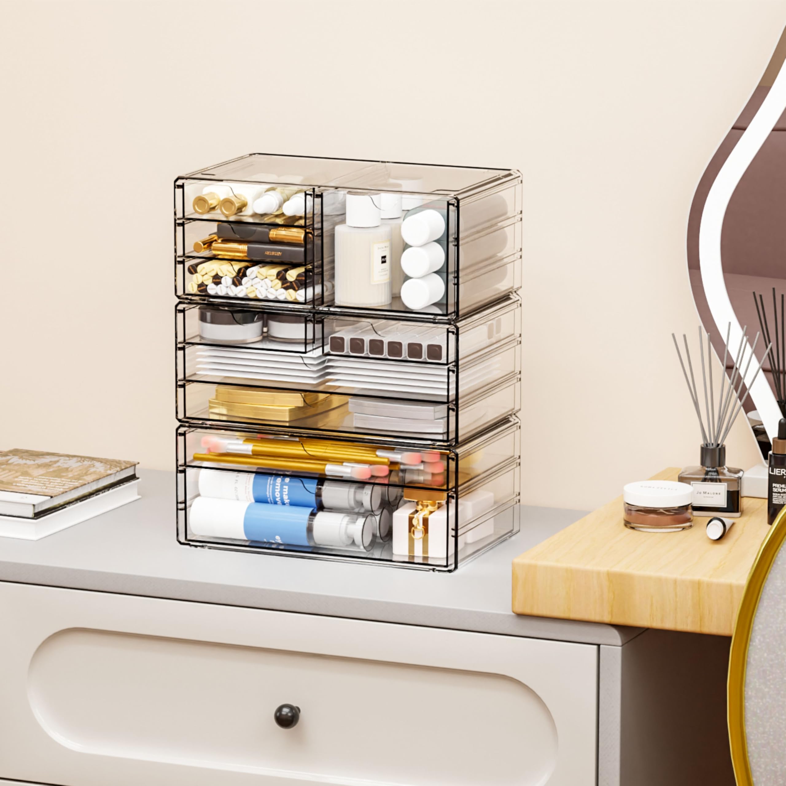 Organizer per cassetti in acrilico, impilabile, 28,2 cm, grandi cassetti trasparenti e organizer per trucchi per vanità, piano di lavoro del bagno, armadietto, dispensa, contenitori per forniture per