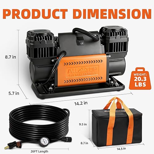 Miniatura 5 de Kit de Compresor de Aire ALL-TOP, Inflador Portátil de Doble Cilindro 12V 12.35 pies³/Min, Compresor de Aire Todoterreno para Neumáticos de Camión