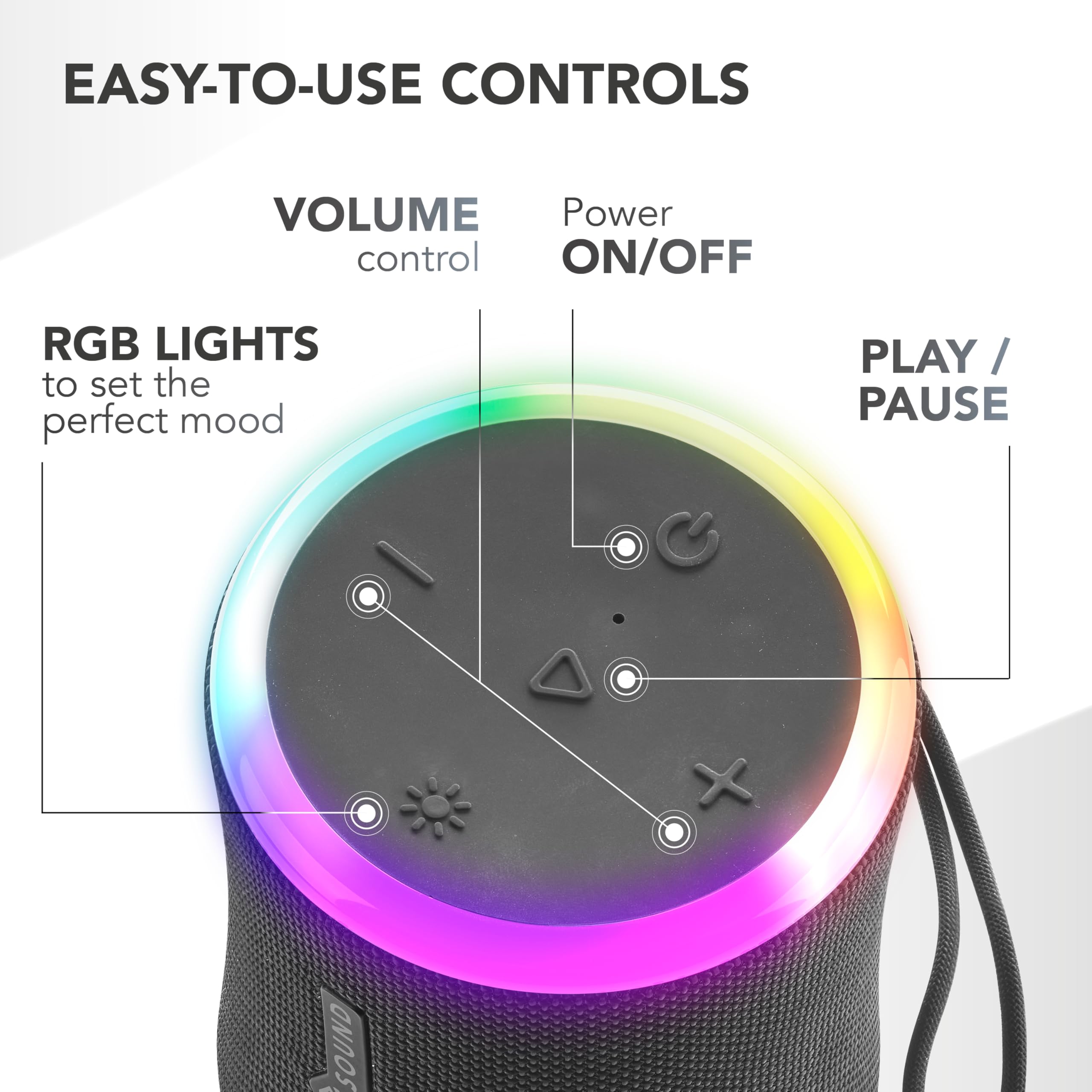 Music Sound Aura 10W - Enceinte Bluetooth Portable - Noir - IPX6 - Lumières RGB