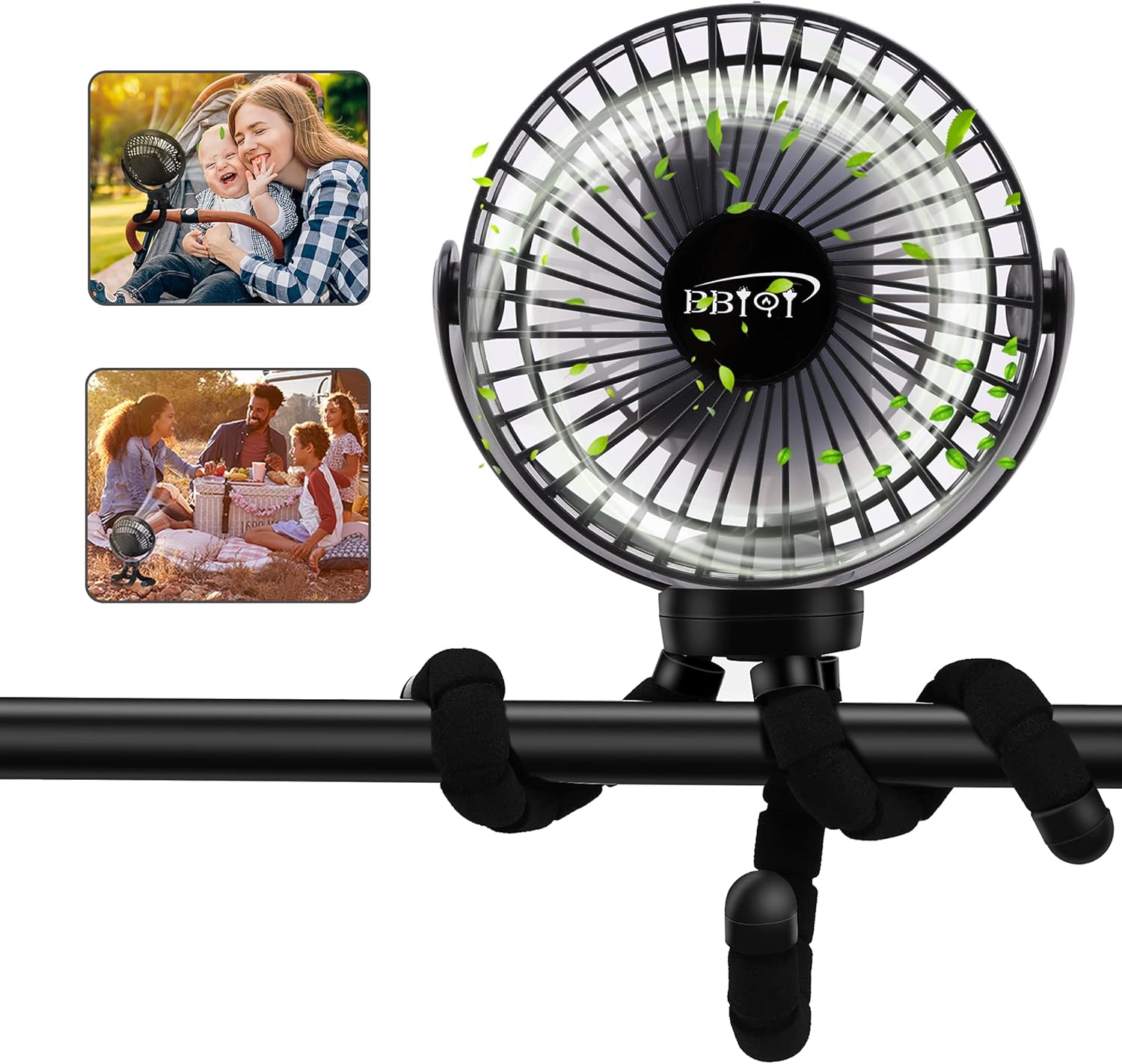 Portable Stroller Fan, BBIQI 5000mAH Mini Personal Handheld Fan with 360° Rotatable Flexible Tripod, Ultra Quiet 3 Speed USB Fan or Battery Powered Fan for Baby Stroller, Carseat, Bed, Desk (Black) : Baby