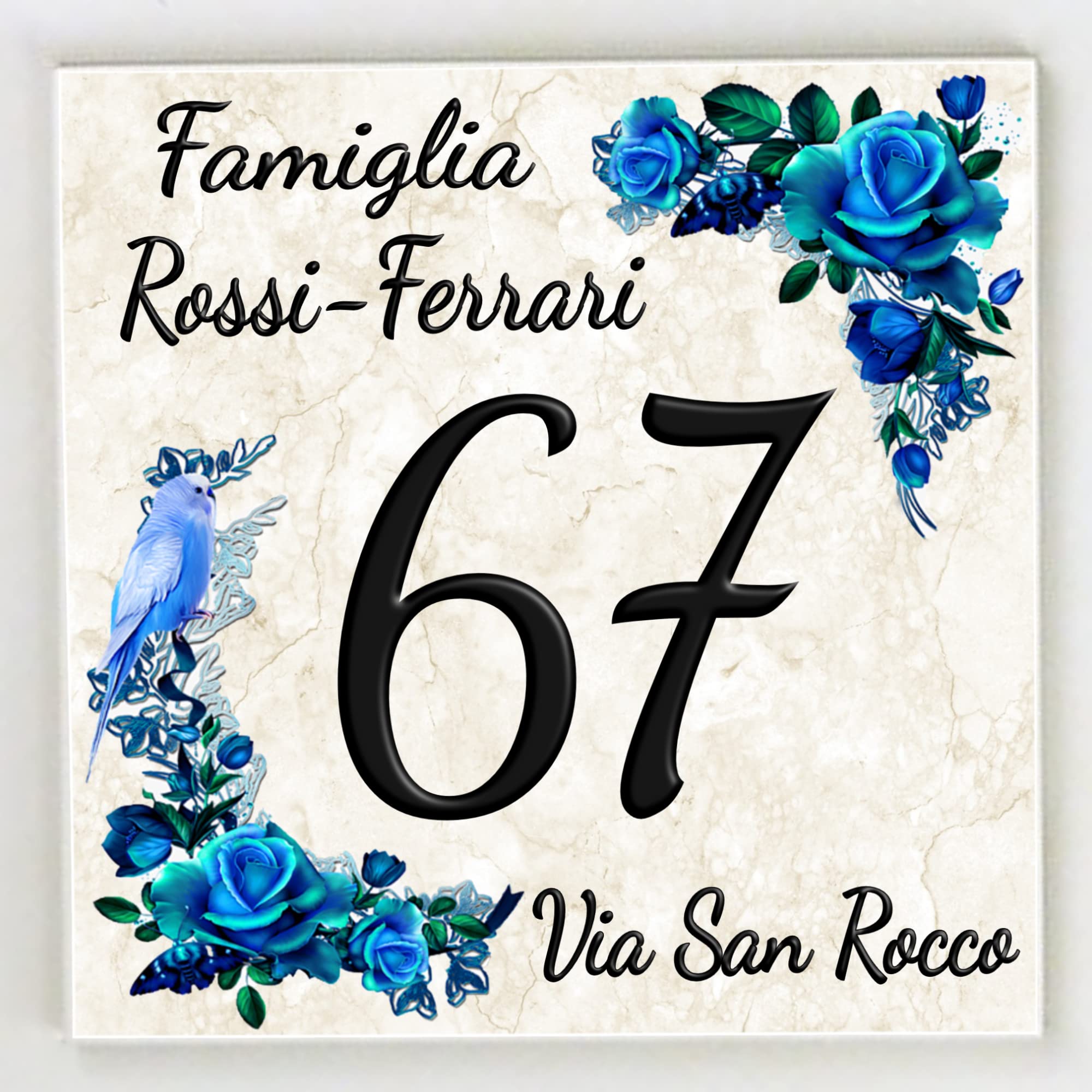 Numero Civico in Ceramica, Targa Decorativa PERSONALIZZABILE,Numero Civico su Mattonella in Ceramica 15x15cm, 20x20cm con Indirizzo e Nome Famiglia Personalizzato,Numeri Civici Moderni.