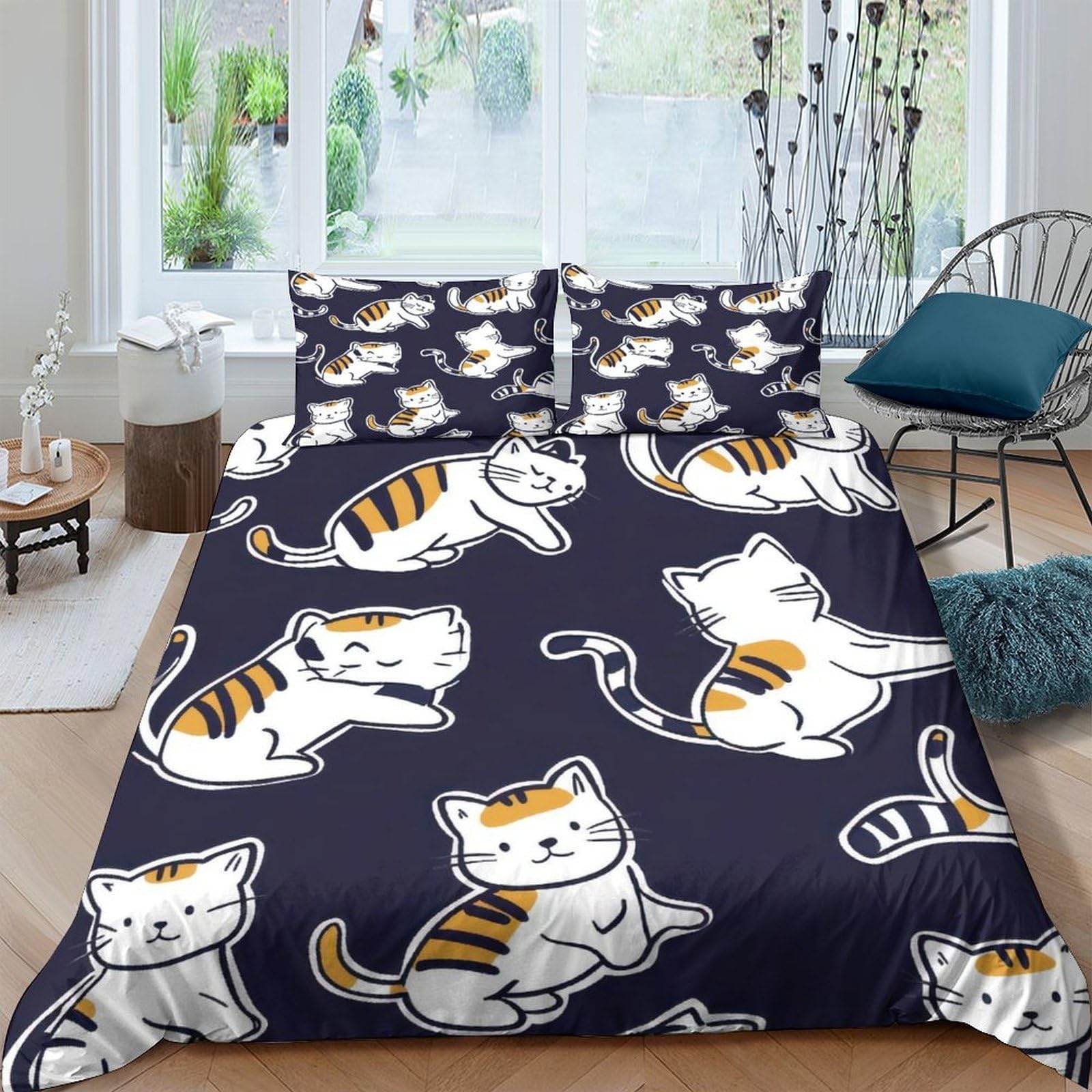 GPLZQXKJNH 3D Printed Cartoon Cat Duvet Cover Microfiber Soft Breathable Tiger Stripe Bedding Set with 2 Pillowcases for Bedroom Decor, Single（135x200cm）