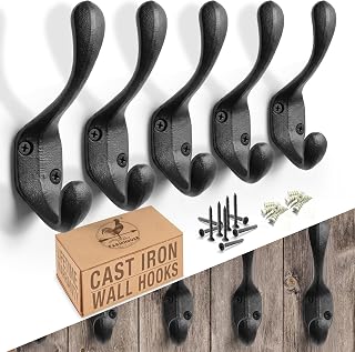 Rustic Cast Iron Coat Hooks (5 Pack) - Wall Mounted Farmhouse Decorative Vintage Hooks for Hanging Coats, Bags, Hats, Towels (Black, Large Spoon)