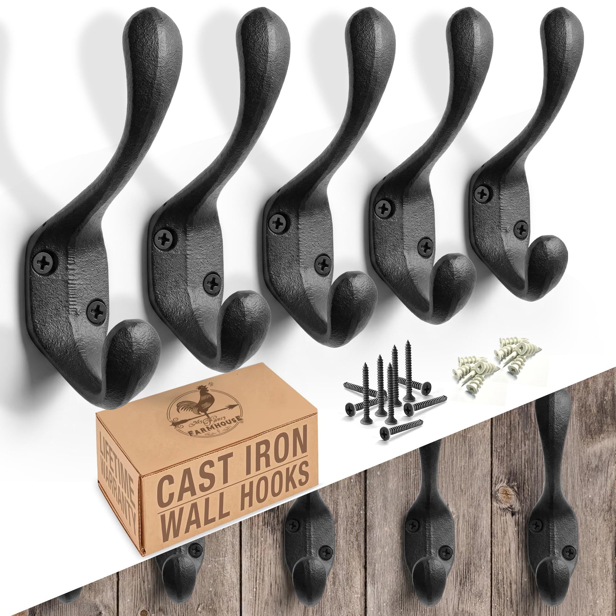 Rustic Cast Iron Coat Hooks (5 Pack) - Wall Mounted Farmhouse Decorative Vintage Hooks for Hanging Coats, Bags, Hats, Towels (Black, Large Spoon)