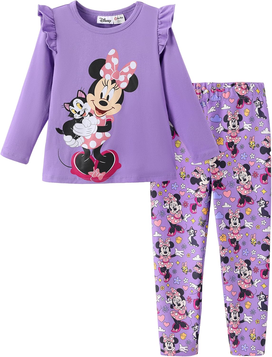 Disney Minnie Mouse Figaro Cat Cuckoo-Loca Girls' Outfit Flutter Long Sleeve Sweatshirt & Printed Leggings 2 Piece Little Girls Clothes shirt pants Clothing Sets Purple 4-5years