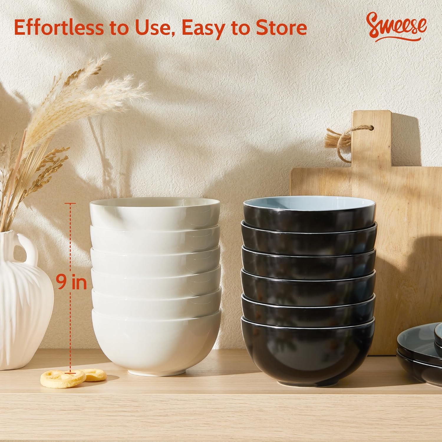 Sweese Porcelain Bowls Set of 6, 20oz Lightweight Round Cereal Bowls Set - Dishwasher, Microwave, Oven Safe, Scratch Resistant, Kitchen Serving Dishes - White