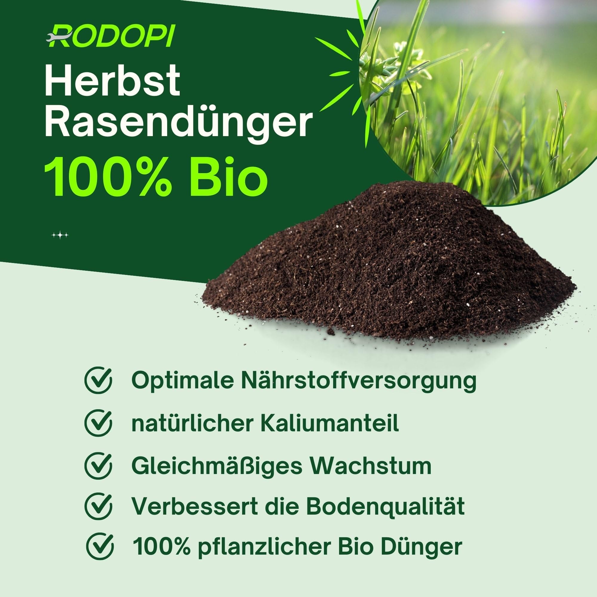 100% Pflanzlicher Bio Rasendünger Herbst 20kg - Kaliumreich, Staubarmes Granulat - Macht Rasen Winterfest, Moosfrei & Gesund - Ideal für Streuwagen, Herbstdünger für dichten, starken Rasen