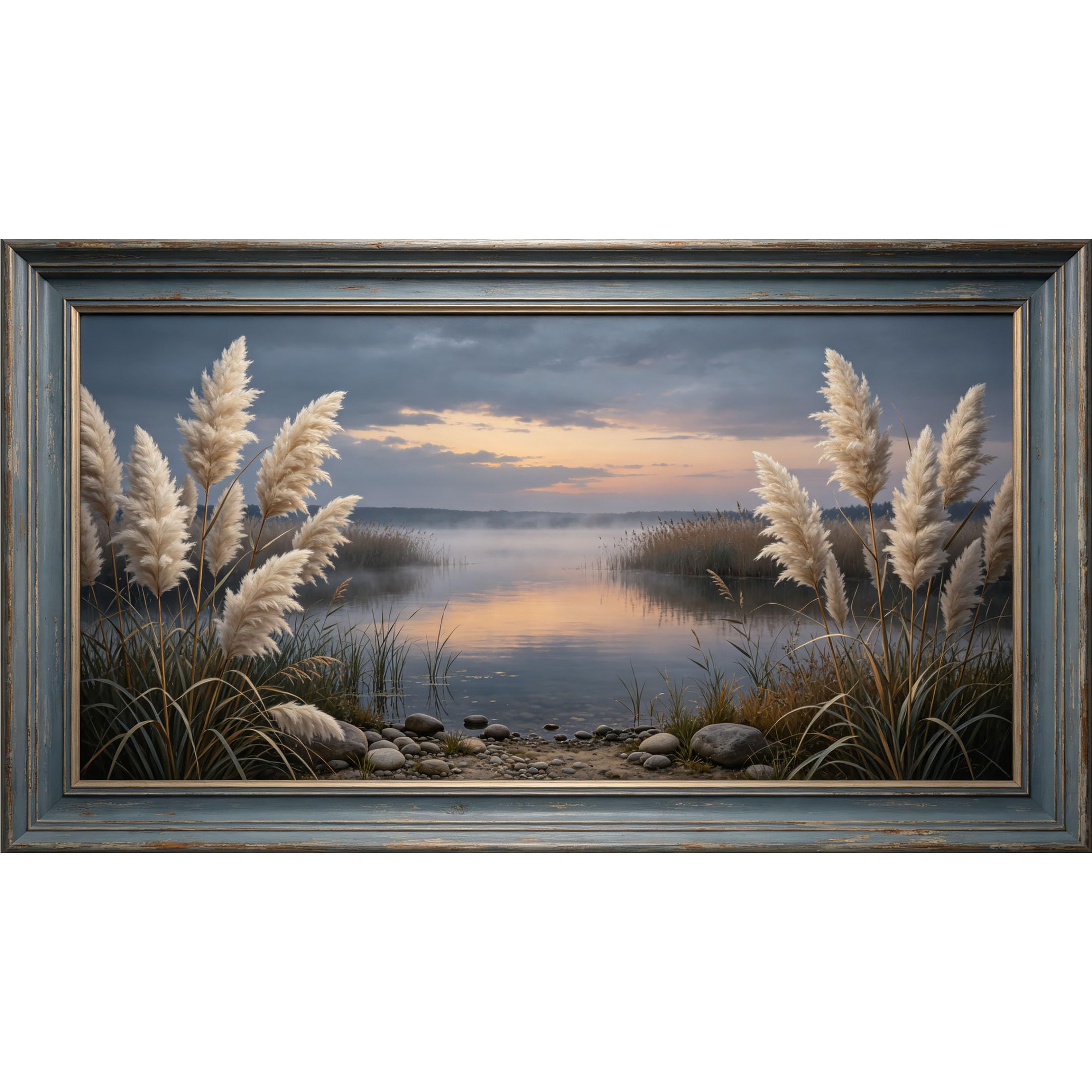 QZLITHOTIC 50x90cm3D Framed Wall Art， Coastal Lake Sunset Reeds Landscape Self‑Adhesive Mural， Water‑Activated Peel & Stick Fabric Decor Wall Decal for Bedroom Living Room