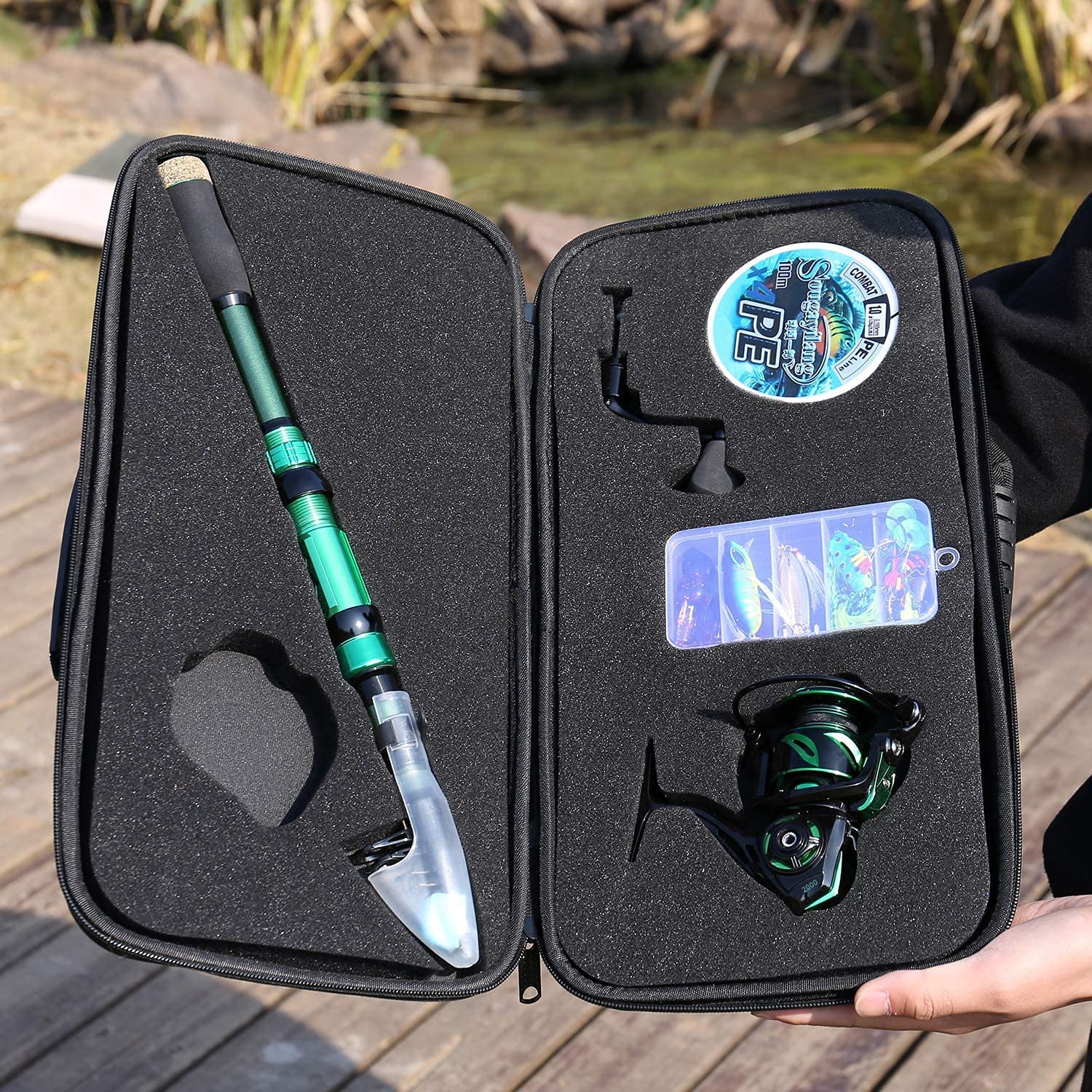 Sougayilang Caña de Pescar telescópica de Fibra de Carbono con Carrete Giratorio de 12 + 1BB, Carrete Giratorio con Bolsa de Transporte para Agua Salada y Agua Dulce