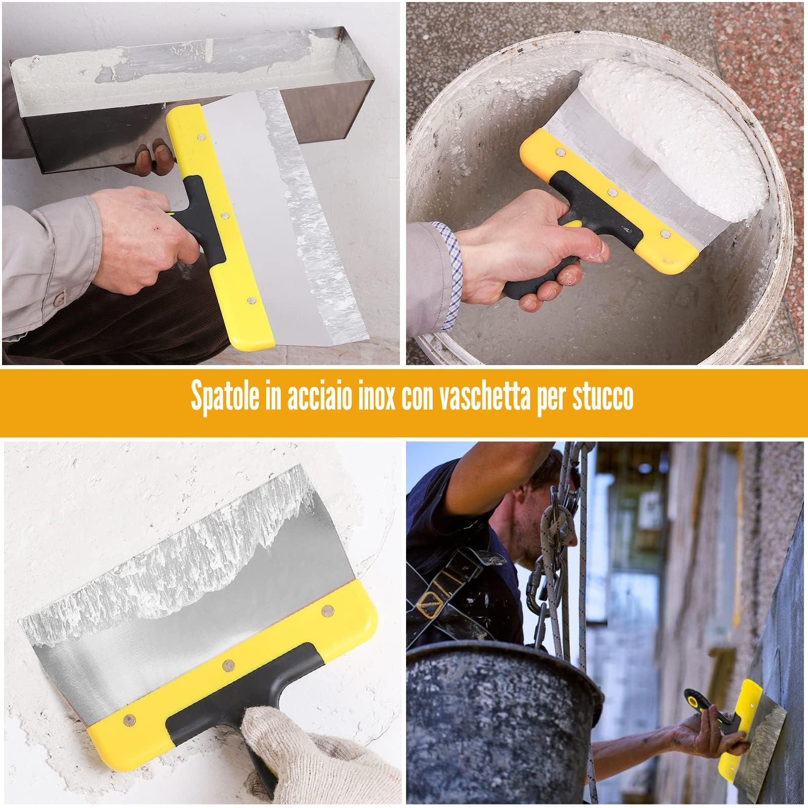 Set di Spatole in Acciaio Inossidabile per Stucco, Frattazzo per stucco,Spatola Stucco,Cazzuola Muratore，Spatola Multiuso and Vaschetta Portaintonaco(Confezione da 8)