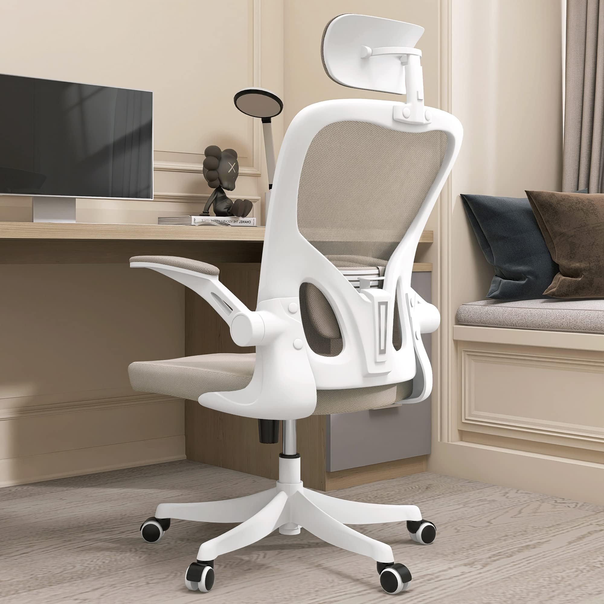 Monhey Office Chair Ergonomic Desk Chair with Lumbar Support&Headrest&Flip-up Arms Height Adjustable Rocking Swivel Computer Chair Multi-Angle from 90° to 125° with 350LBS Capacity (02White+Khaki)