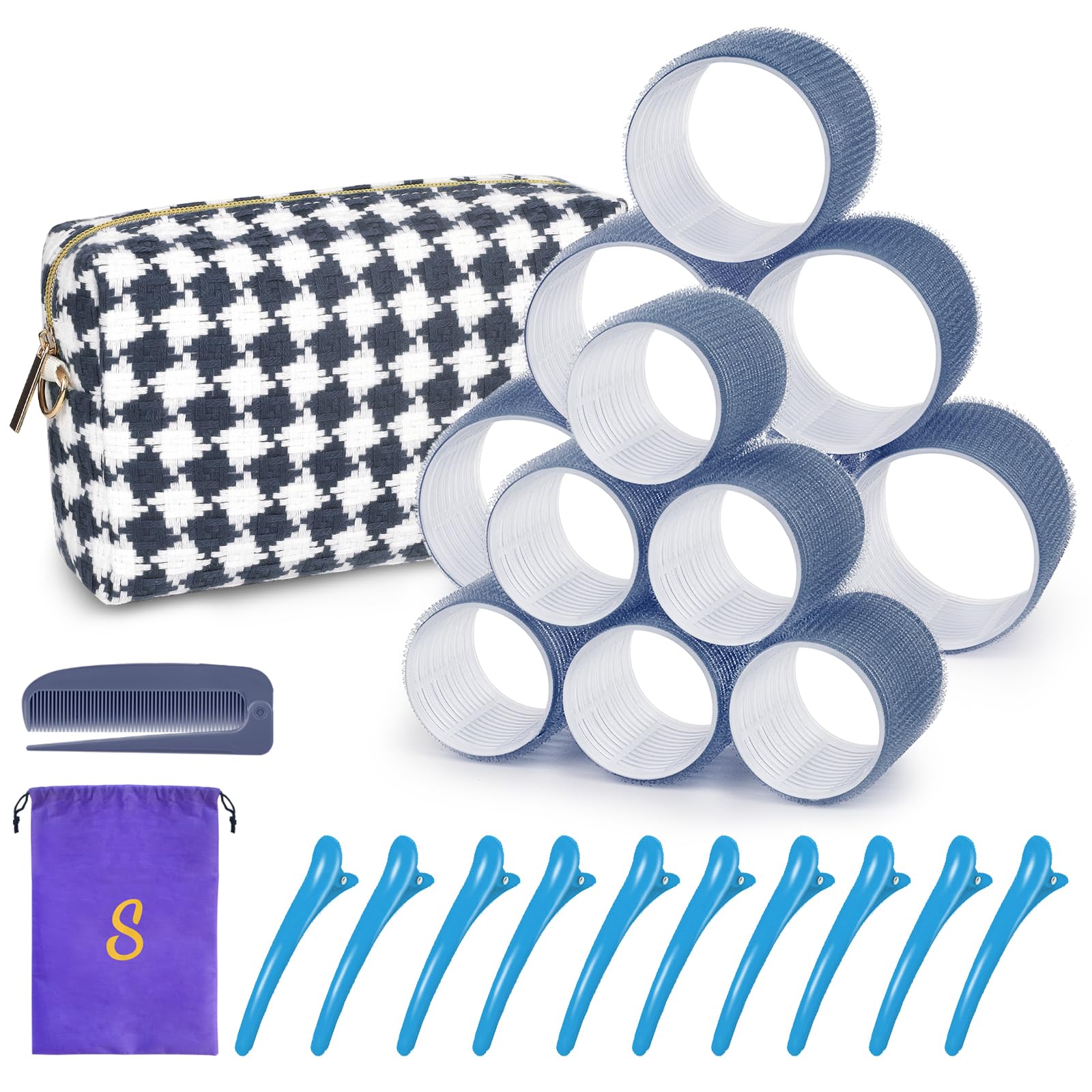 Hair Roller Set 12 pcs Heatless Self Grip Rollers With Clips and Comb, Salon Curlers for DIY Styles, 2 Blue Sizes in 1 Set...