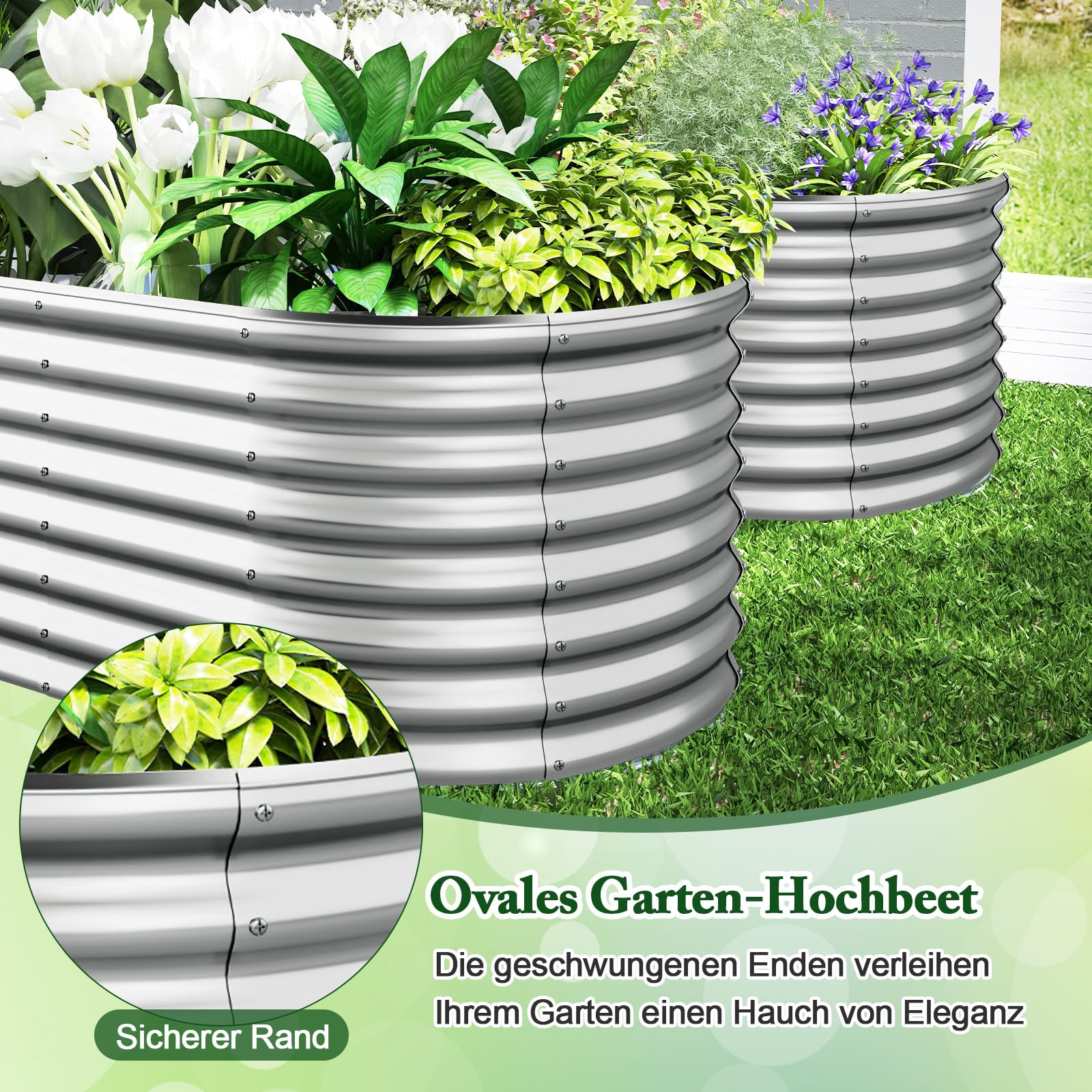 COSTWAY Hochbeet Metall Oval, Pflanzkasten für Garten, 165 x 80 x 60 cm, Frühbeet mit offenem Boden, Wellblech, Blumenbeet wetterfest, Pflanzentrog für Gemüse Blumen Kräuter (Silber)