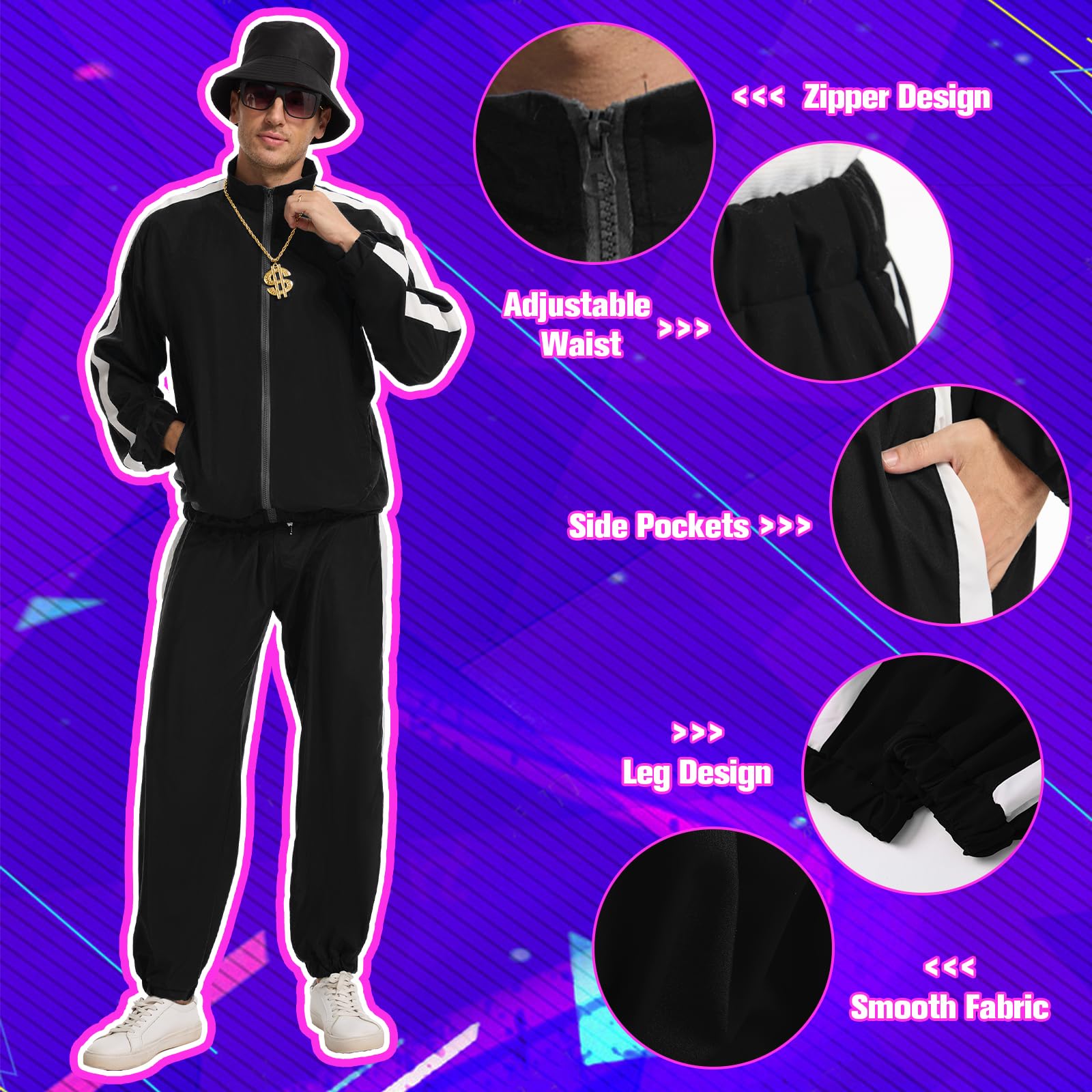 JDFAIJEAL Hiphop Costume Set for Men, Black Tracksuit with Hat, Glasses, Gold Round Necklace, Fanny Pack & Boombox Balloon - Image 3