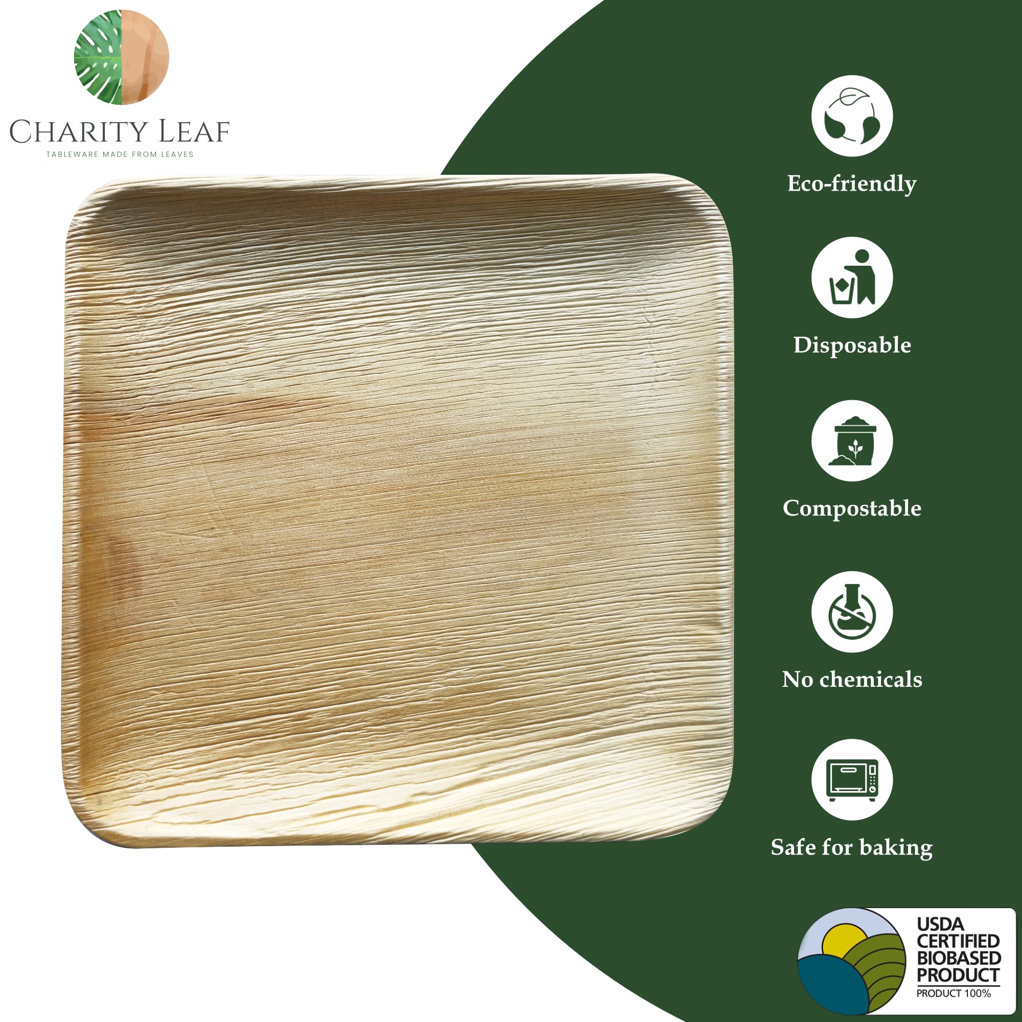 Charity Leaf Platos cuadrados desechables de hoja de palma de 12 pulgadas (25 piezas) de bambú como platos para servir, tablas desechables, vajilla ecológica para bodas, catering, eventos