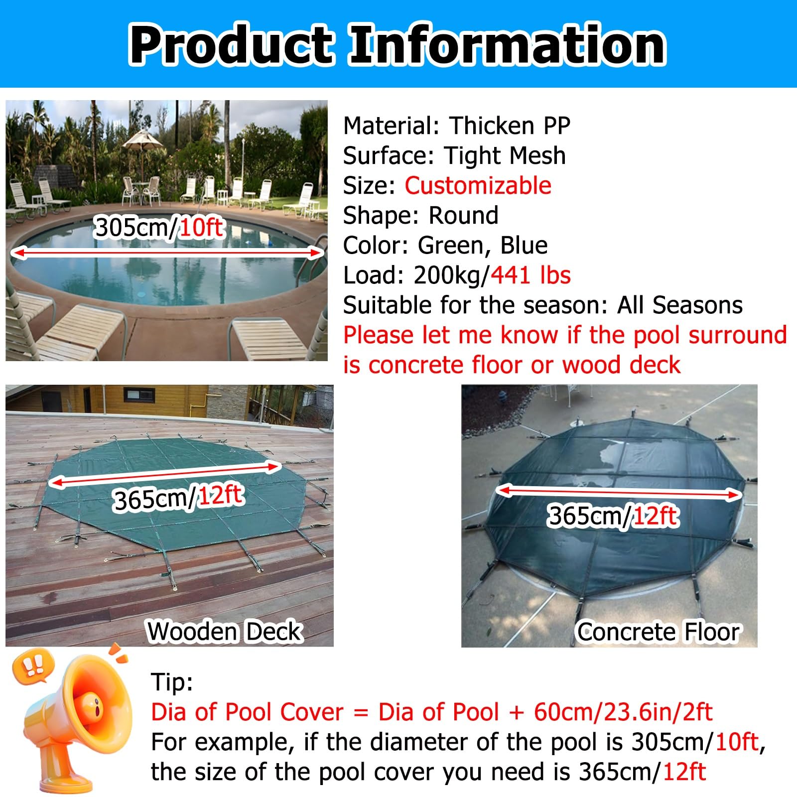Couverture de Piscine Bâche De Protection Personnalisable pour Piscine Enterrée, Protection Hivernale Ronde pour Piscine De 0,9-10,7m De Diamètre, Prévention des Noyades(Blue,2.1m(7 ft))