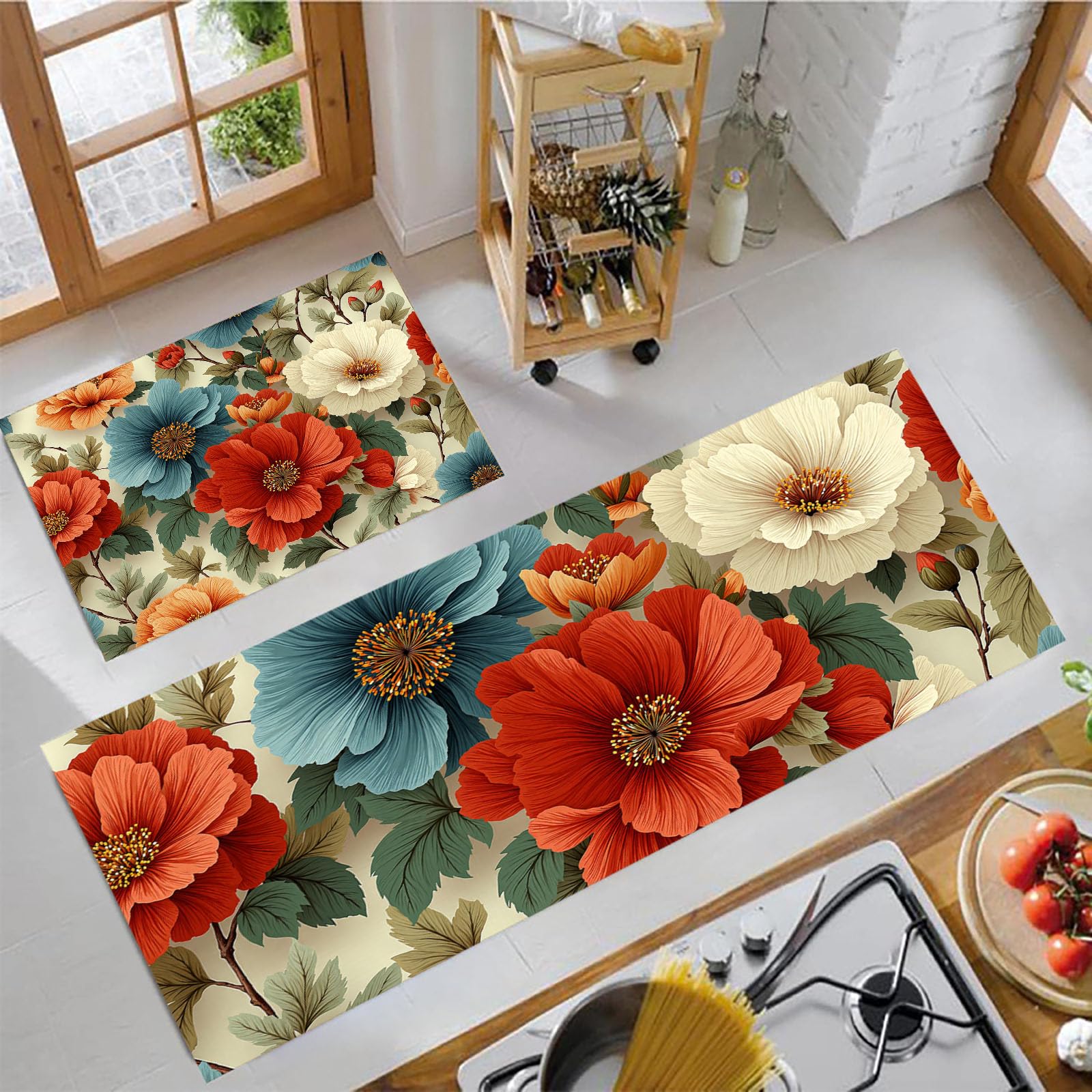 Alfombras de cocina lavables y antideslizantes de diseño retro floral, pack de 2 unidades