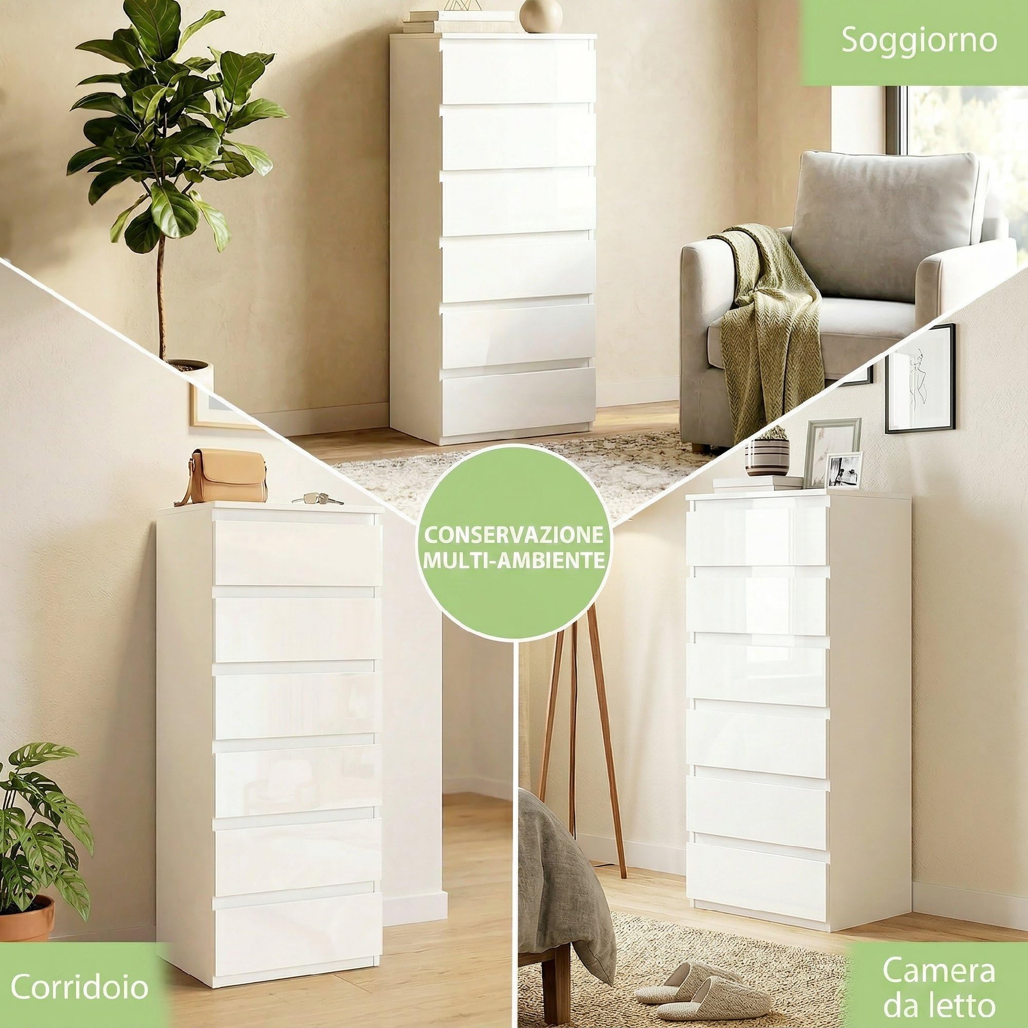 HOMCOM Cassettiera Camera da Letto Slim Alta con 6 Cassetti, Comò Camera da Letto Senza Maniglie, Cassettiera Salvaspazio per Soggiorno Corridoio Ingresso, 40x35x109 cm, Bianco Lucido