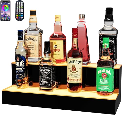 MESAlLUP - Estante de exhibición de botellas de licor LED de acrílico de 24 pulgadas y 2 niveles con control remoto, iluminación de varios colores