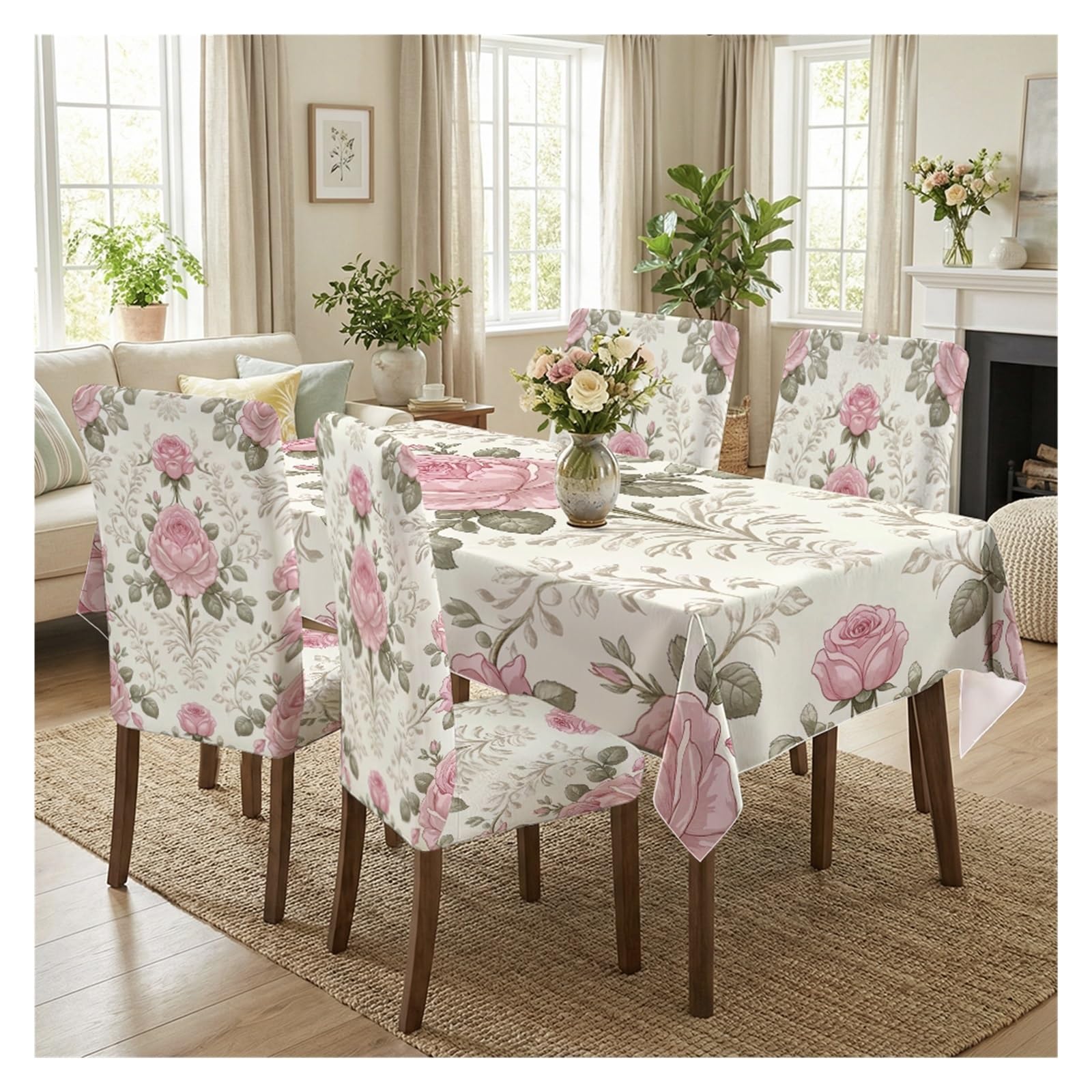 KXUAUV Vintage Pink Rose Print Tablecloth & Chair Covers Set, Slipcovers For Dining Room, Kitchen, Bridal & Cottage Decor, 5/7 Pack Party Decor(5pcs Set: Tablecloth+Chair Covers)
