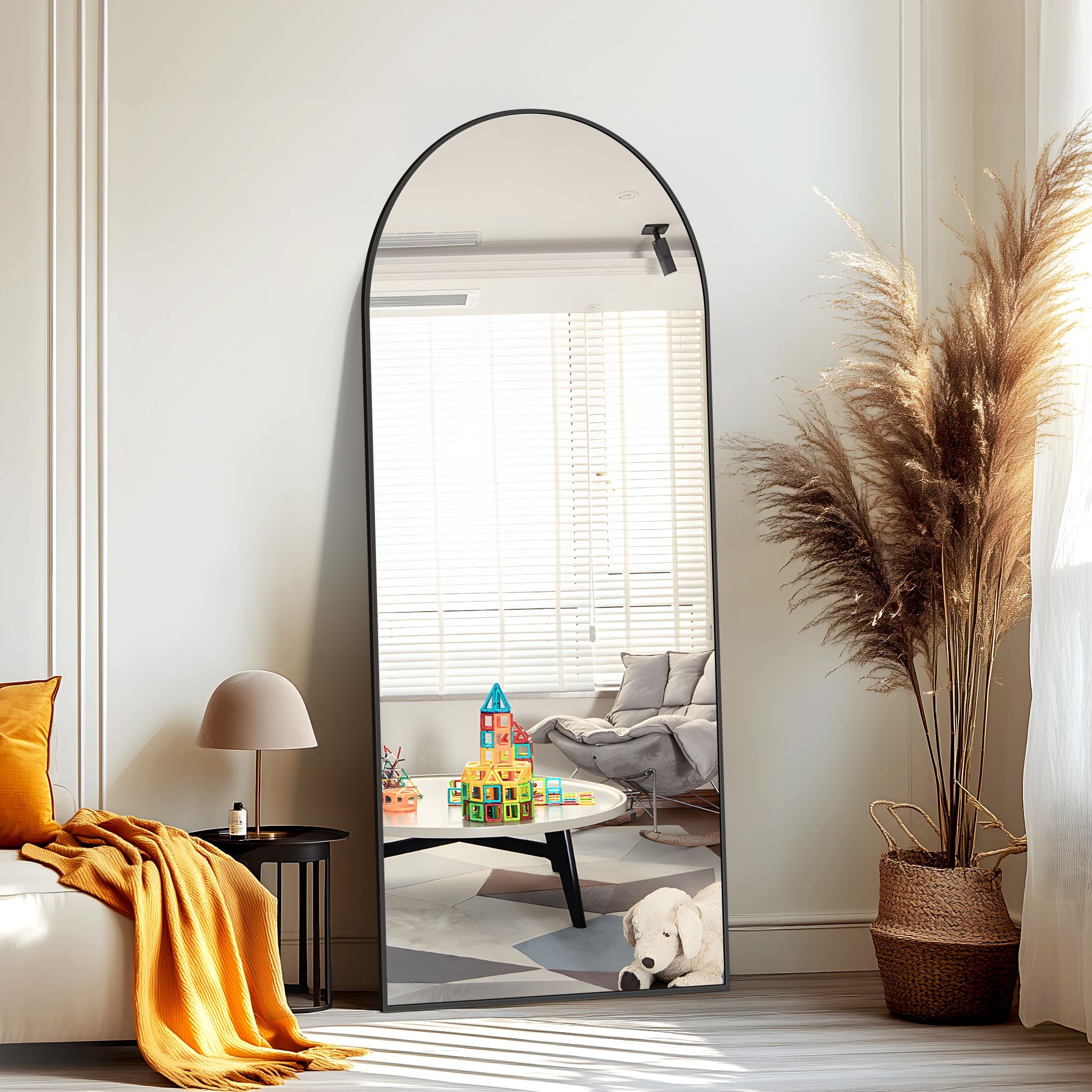 Specchio da Terra, 179 x 65 cm Specchio ad Arco con Cornice in Alluminio Nero per Bagno, Camera da Letto, Ingresso e Corridoio