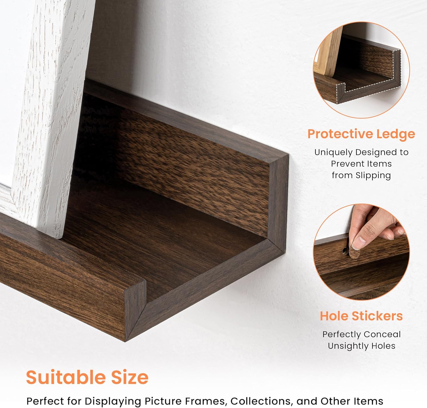 RICHFOCUS Picture Ledge Shelf, 40 inch Floating Shelves Set of 2, Wood Wall Shelves with Lip, Wall Decor Storage for Bedroom Living Room Bathroom Kitchen Nursery Photo Picture, Walnut