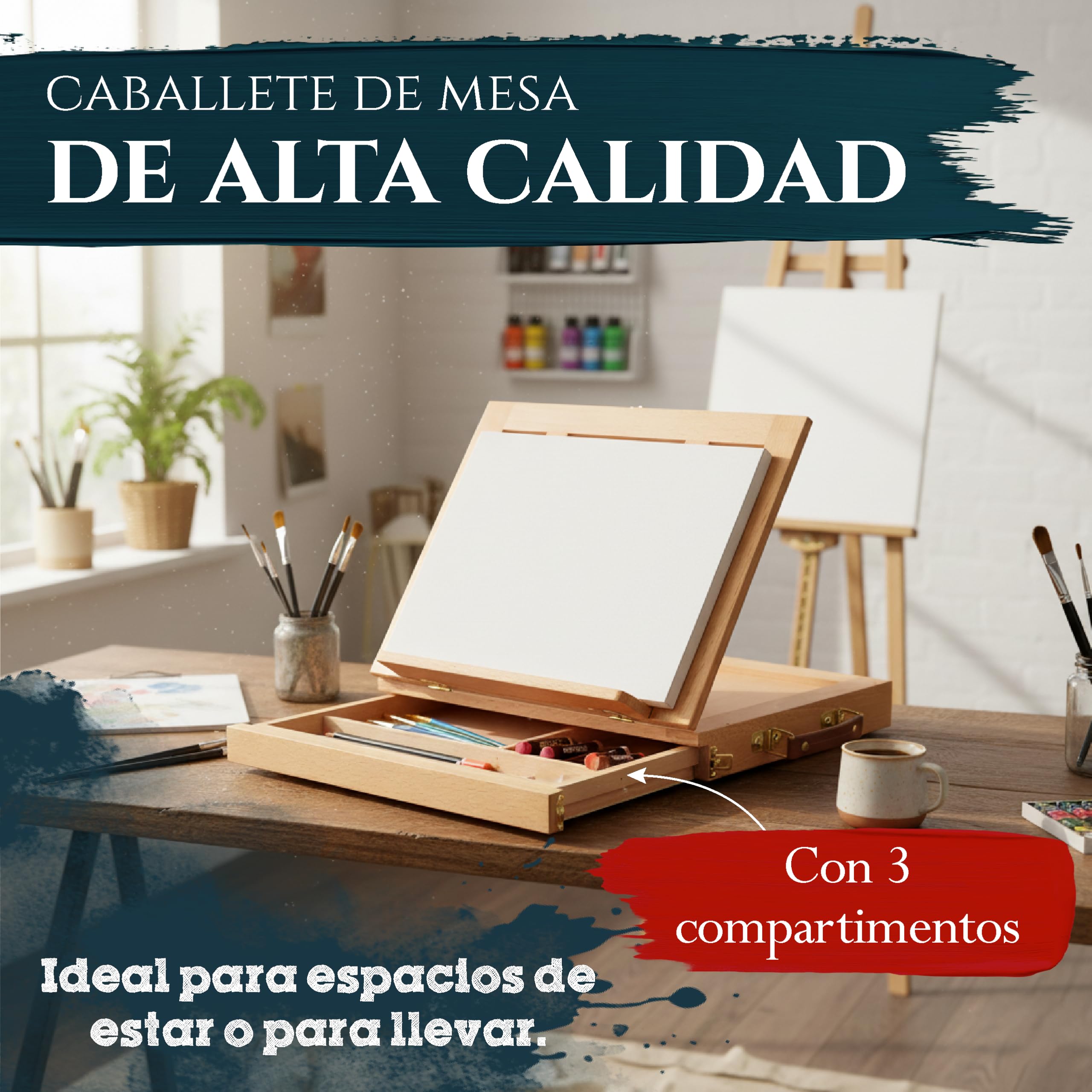 Artina Colmar Caballete de mesa de madera de haya lubricada – Tablero de dibujo estable y ajustable con almacenamiento para pintar y dibujar – Caballete de mesa antideslizante en estuche | Caballete ajustable para pintar y dibujar, antideslizante en malet
