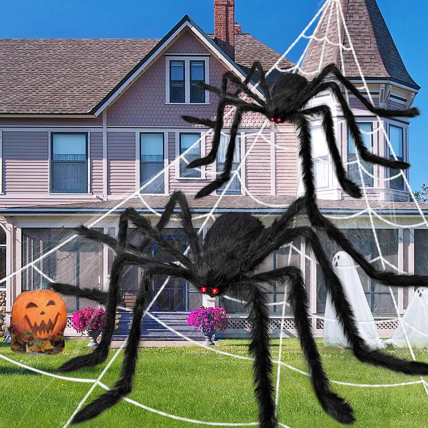 LUDILO 3PCS Halloween Spider Web Halloween Spider Decorations 276" Large Spider Web 59" Giant Spider 49" Big Spider Indoor Outdoor Halloween Decorations Porch Yard Costume Party Haunted House Décor