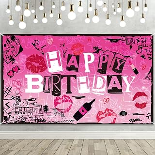 Hot Pink Lips Happy Birthday Backdrop Early 2000s Party Decorations Pink Girl Teen Girls Theme Party Supplies Banner Photography Background for Girls 2000s Birthday Party Decorations
