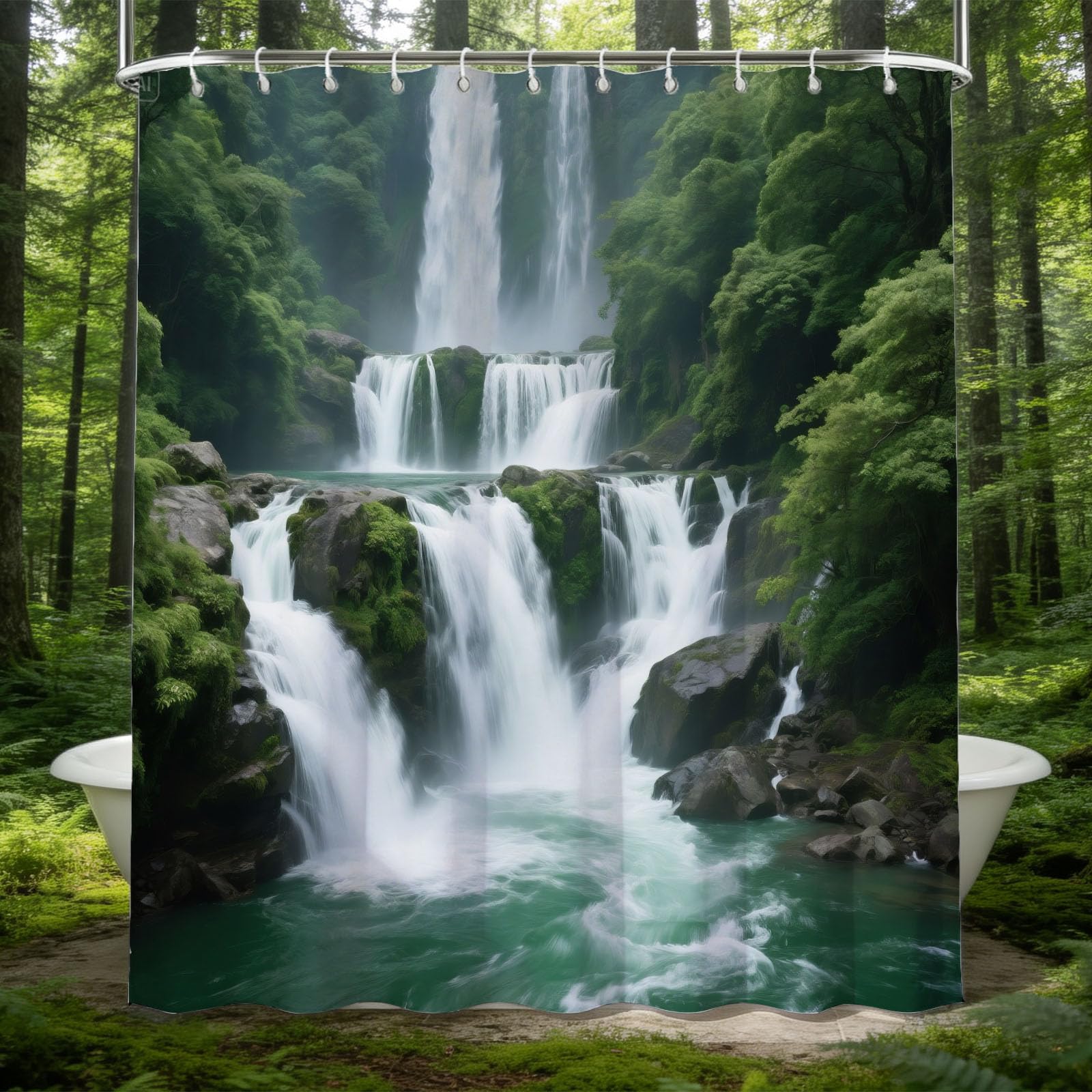 Hongduo 3D Forest Waterfall Landscape Shower Curtain for Stalls Bathtubs Tropical Rain Woods Bathroom Decor Shower Curtain Set Polyester Fabric Waterproof 200x200cm/79X79 Inch with Hooks