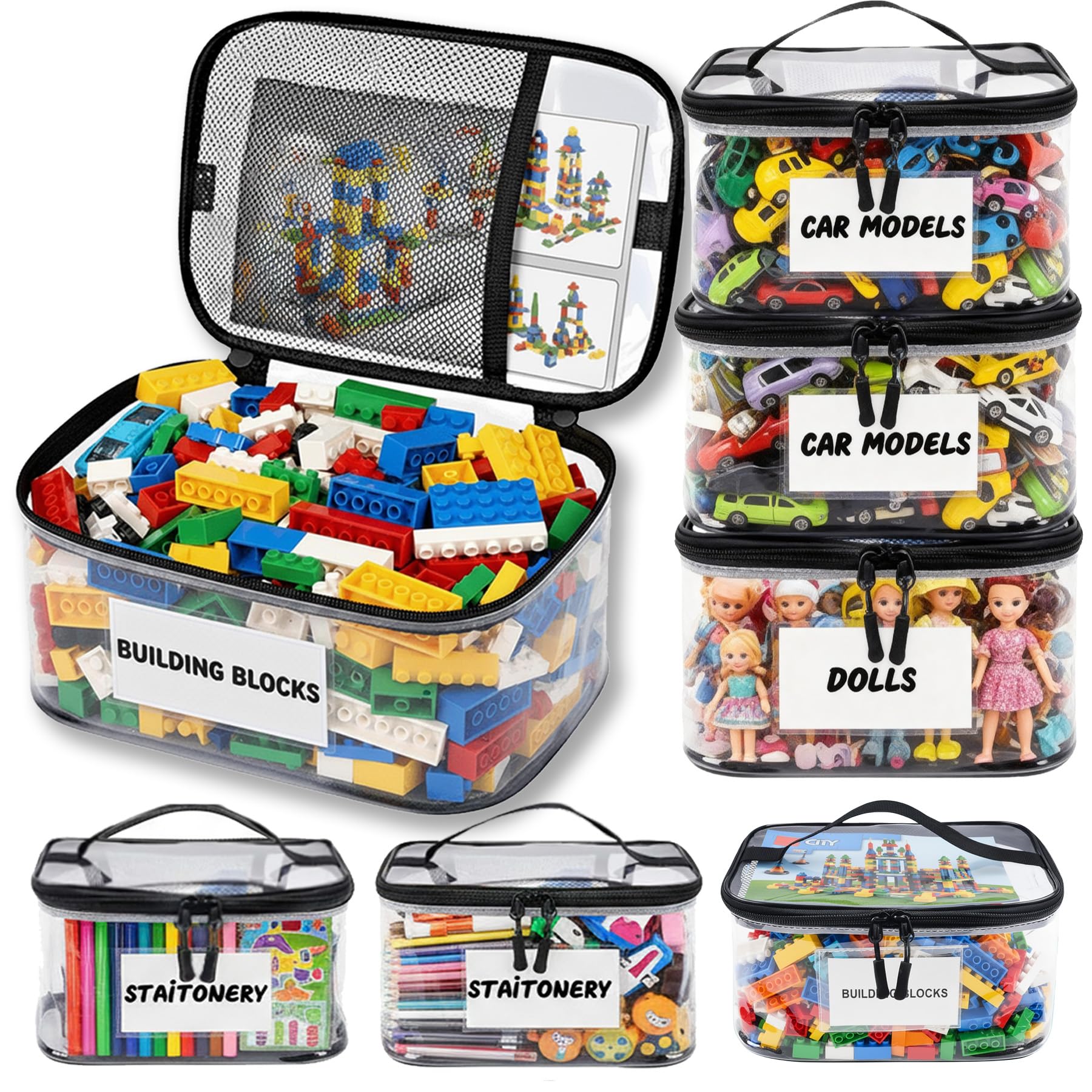 6 Pack Extra Large Clear Toy Storage Bags with Tag & Pocket – Versatile Waterproof Organizer Bags for Lego Bricks, Board Games, Building Blocks,
