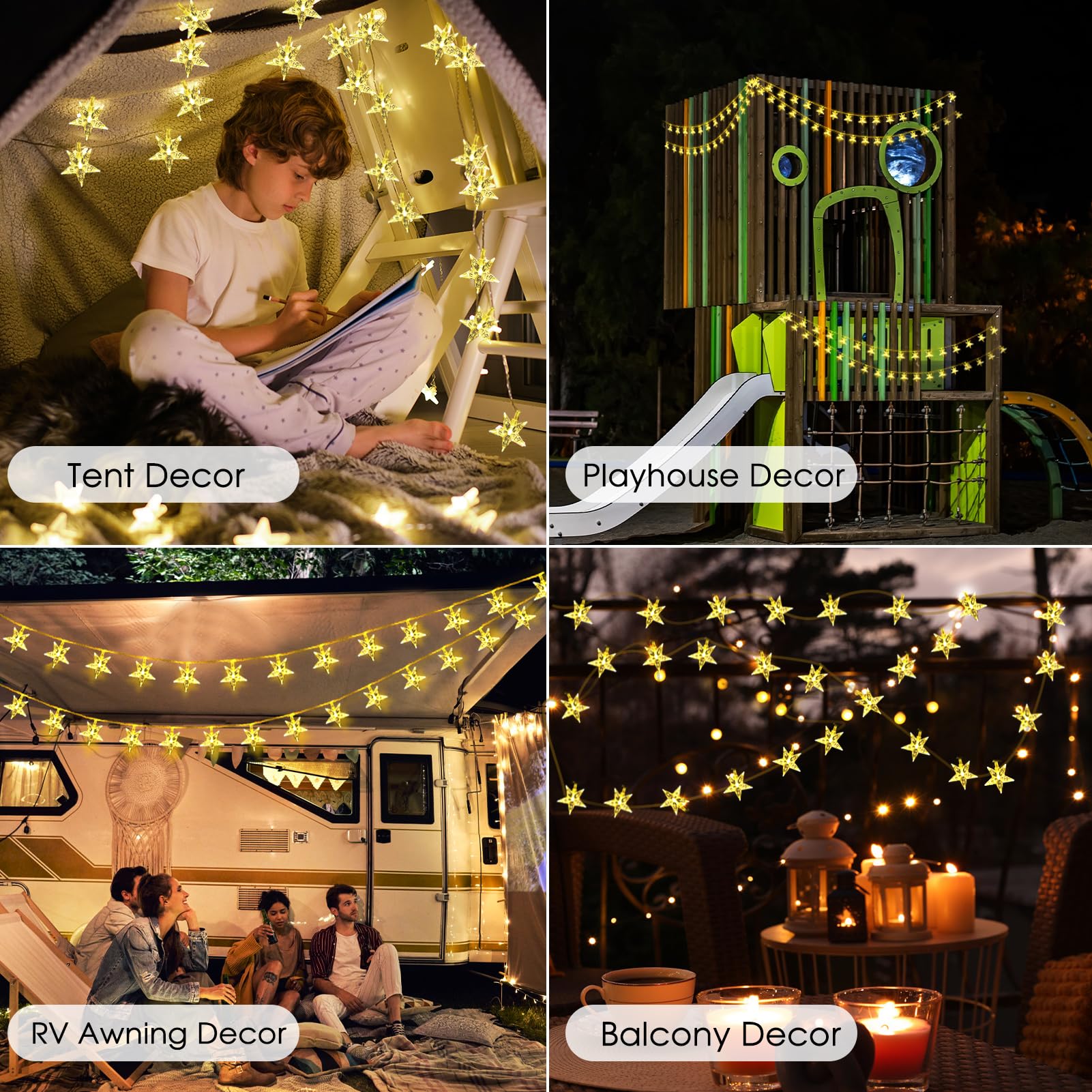 Guirlande lumineuse solaire en forme d'étoiles scintillantes pour extérieur 100 LED Blanc chaud | 8 modes de cour, jardin, terrasse, tente de camping, camping-car, cabane de jeu, décoration de cabane dans les arbres