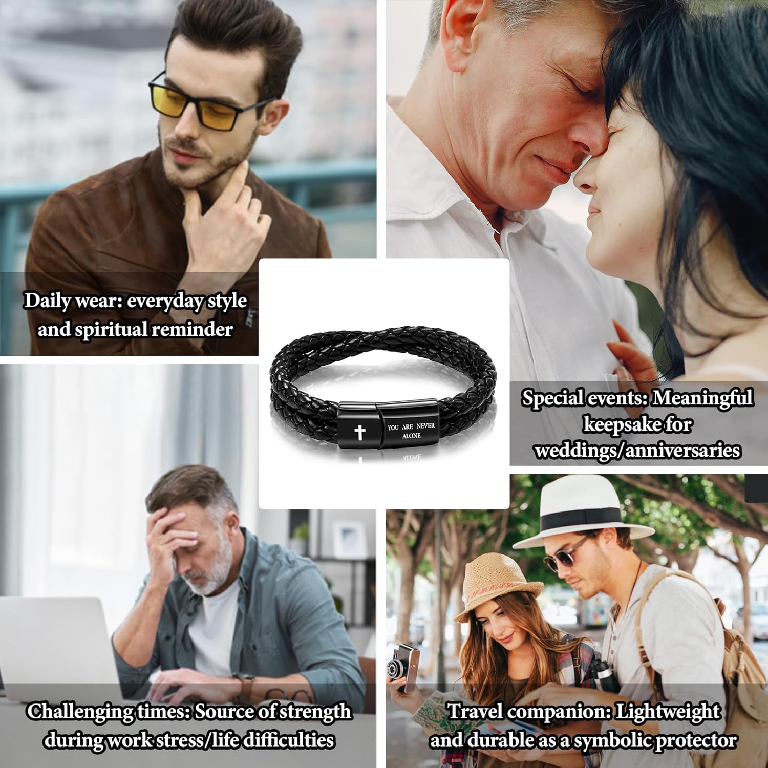 Leather Cross Bracelet for Men Christian Bible Verse Black Stainless Steel Bracelet, Inspirational Birthday Christian Valentine Gifts Ideas for Soulmate Boyfriend Man Dad Husband Grandson Son - Image 3