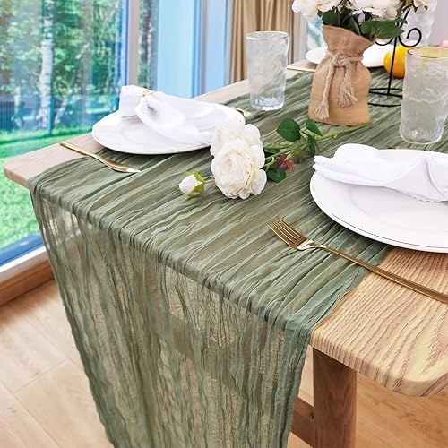 Camino de mesa de gasa de 10 pies, camino de mesa de tela de queso de gasa de 35 x 120 pulgadas, camino de mesa verde salvia, transparente,
