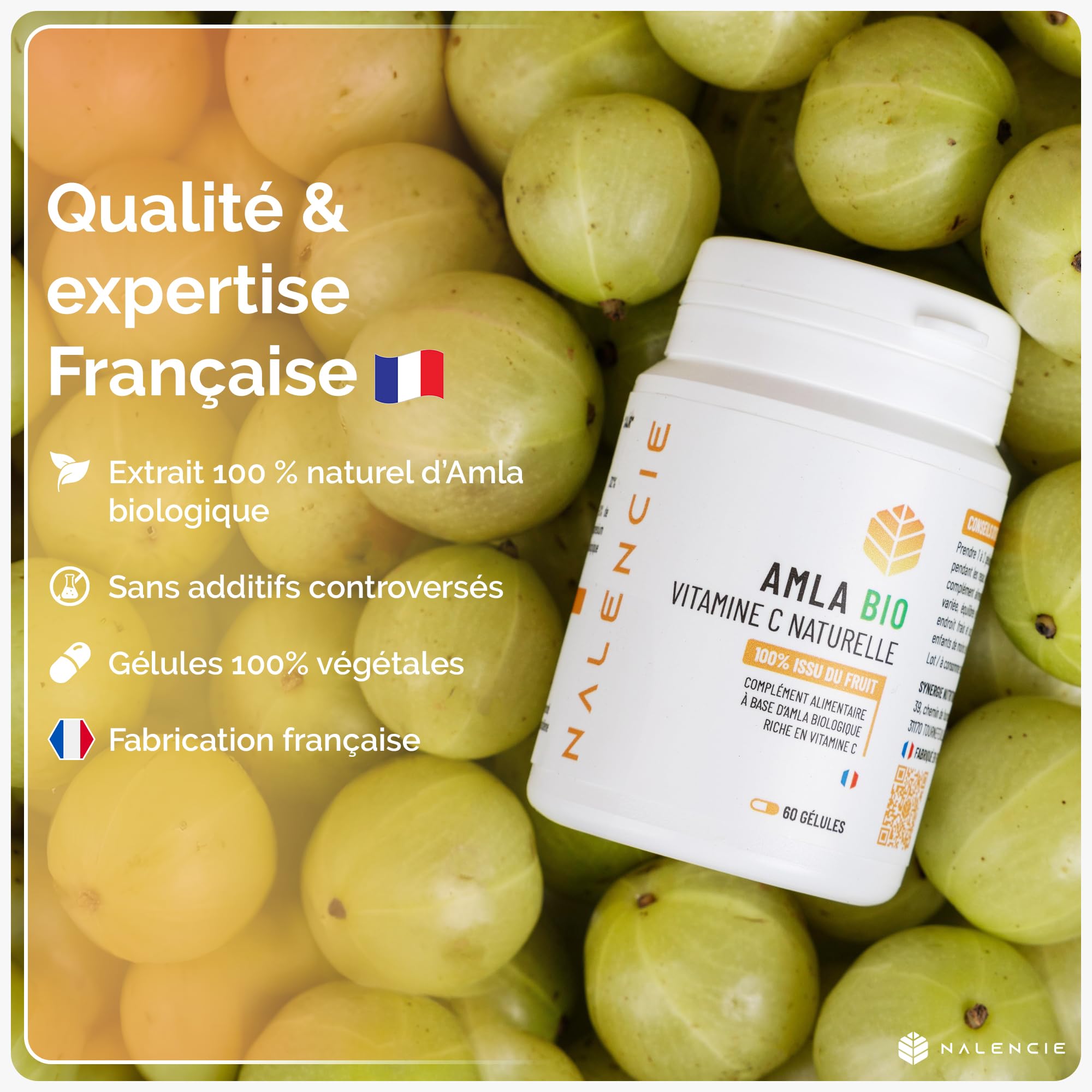 AMLA BIO - Vitamine C naturelle - 5x Plus Concentrée que l’Acérola - 60 Gélules Végétales – Réduction de la Fatigue - Sans Sucres ni Additifs Nocifs - 1 Gélule/Jour - Fabriqué en France